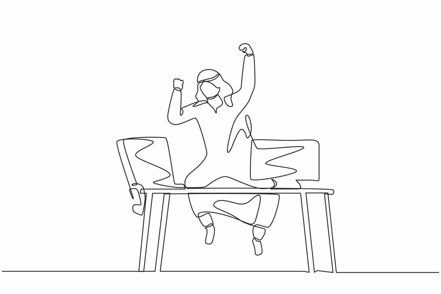 Single continuous line drawing happy Arab businessman jump with raised hands on his workplace. Male manager celebrating success of increasing company product sales. One line draw graphic design vector