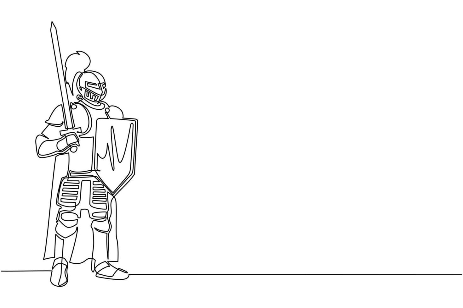 Single continuous line drawing medieval knight standing in armor and helmet holding shield and raised sword. Warrior of middle ages isolated. Chivalry figure. One line draw design vector illustration