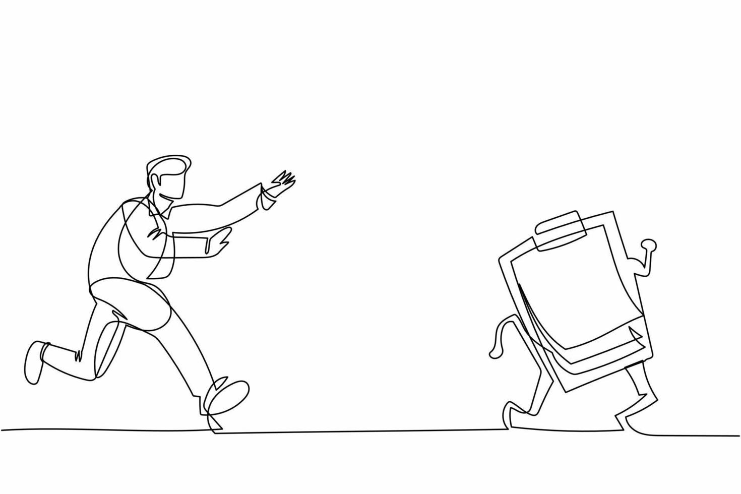 Continuous one line drawing businessman run chasing try to catch clipboard. Manager being chased by work deadlines. Running out of time. Business metaphor. Single line draw design vector illustration