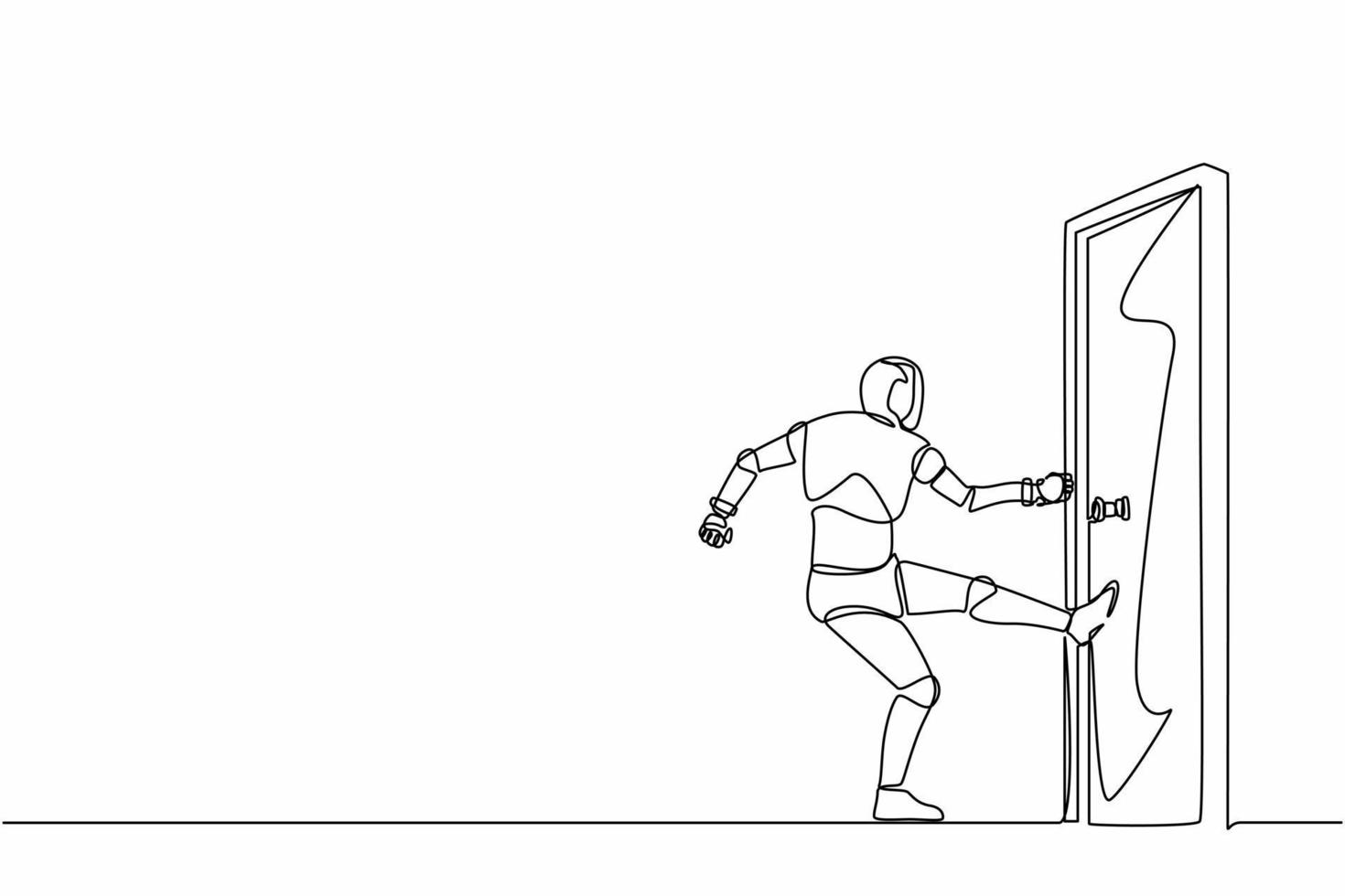 Continuous one line drawing robots standing kicks closed door with his leg. Humanoid robot cybernetic organism. Future robotics development concept. Single line draw design vector graphic illustration