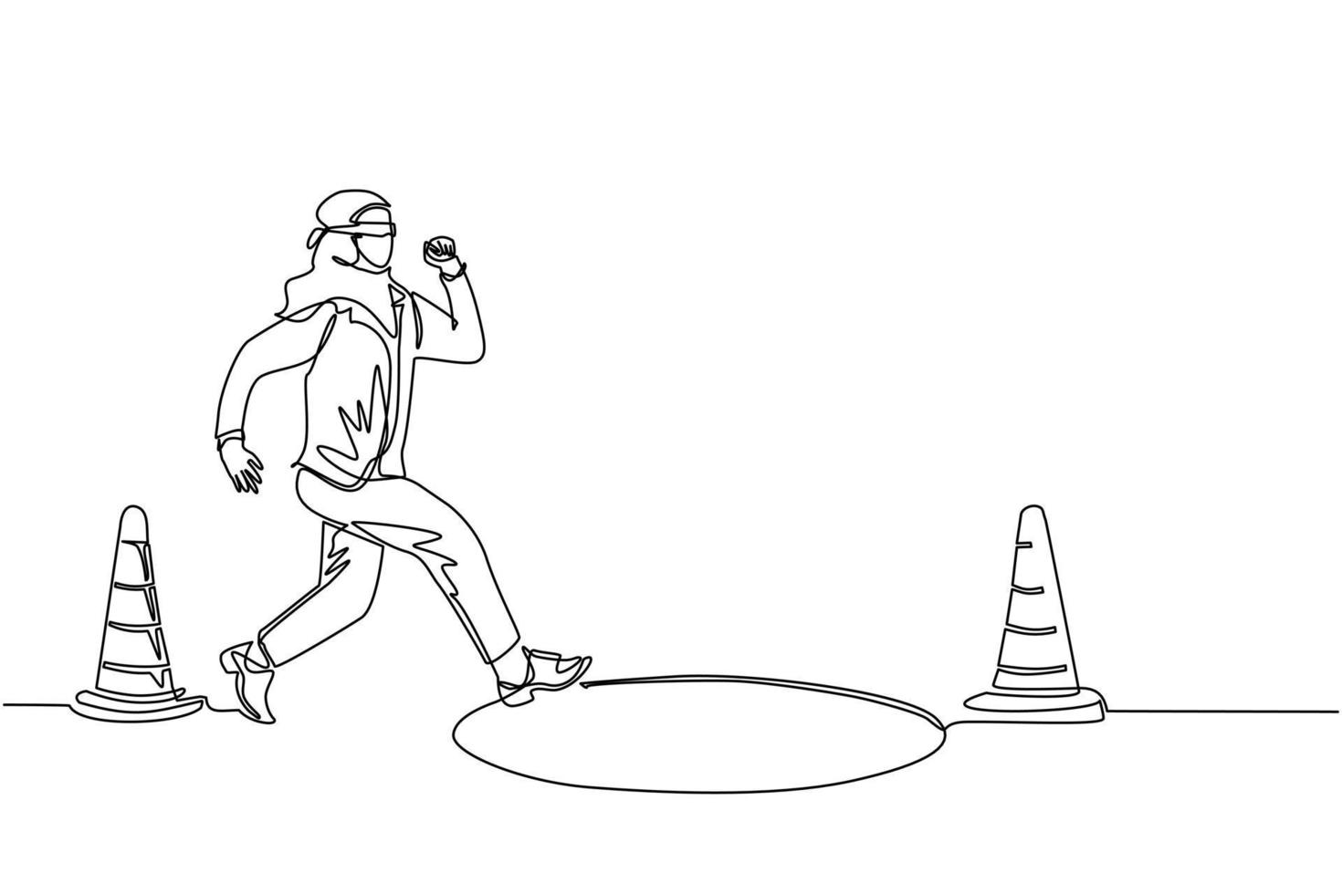Single one line drawing blindfolded Arab businesswoman running to find money with pit hole. Woman runs to business trap. Blind investment concept. Metaphor. Continuous line draw design graphic vector