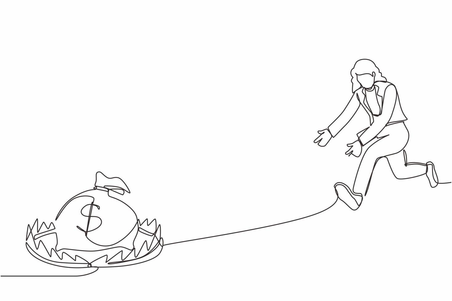 Single continuous line drawing money trap business. Businesswoman running to catch money bag in the steel bear trap. Metaphor of greedy financial risk and bad solutions. One line graphic design vector