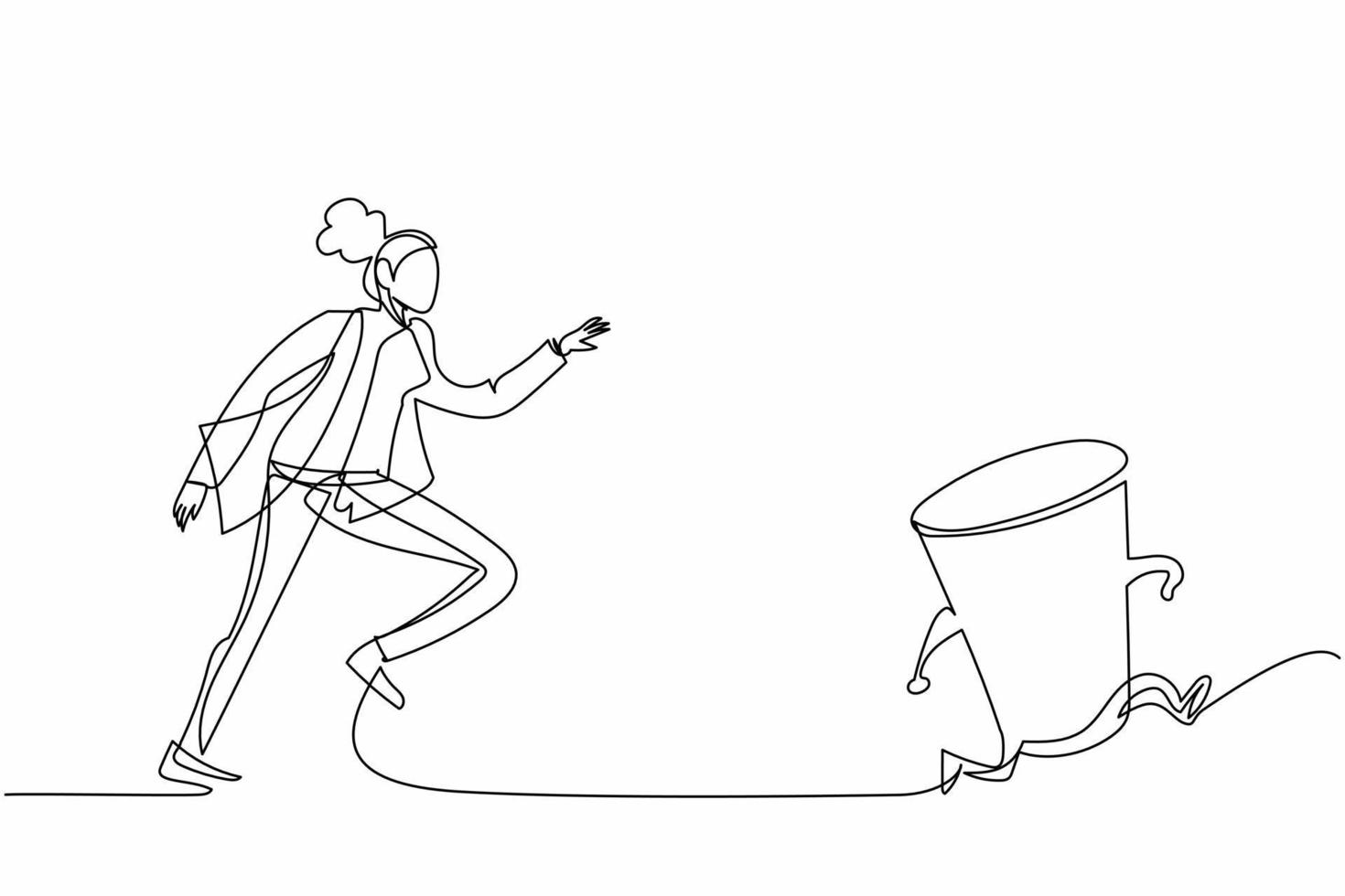 Single one line drawing businesswoman run chasing try to catch paper cup. Concept of drink, thirsty, hot coffee, tea, recycling. Business metaphor. Continuous line design graphic vector illustration