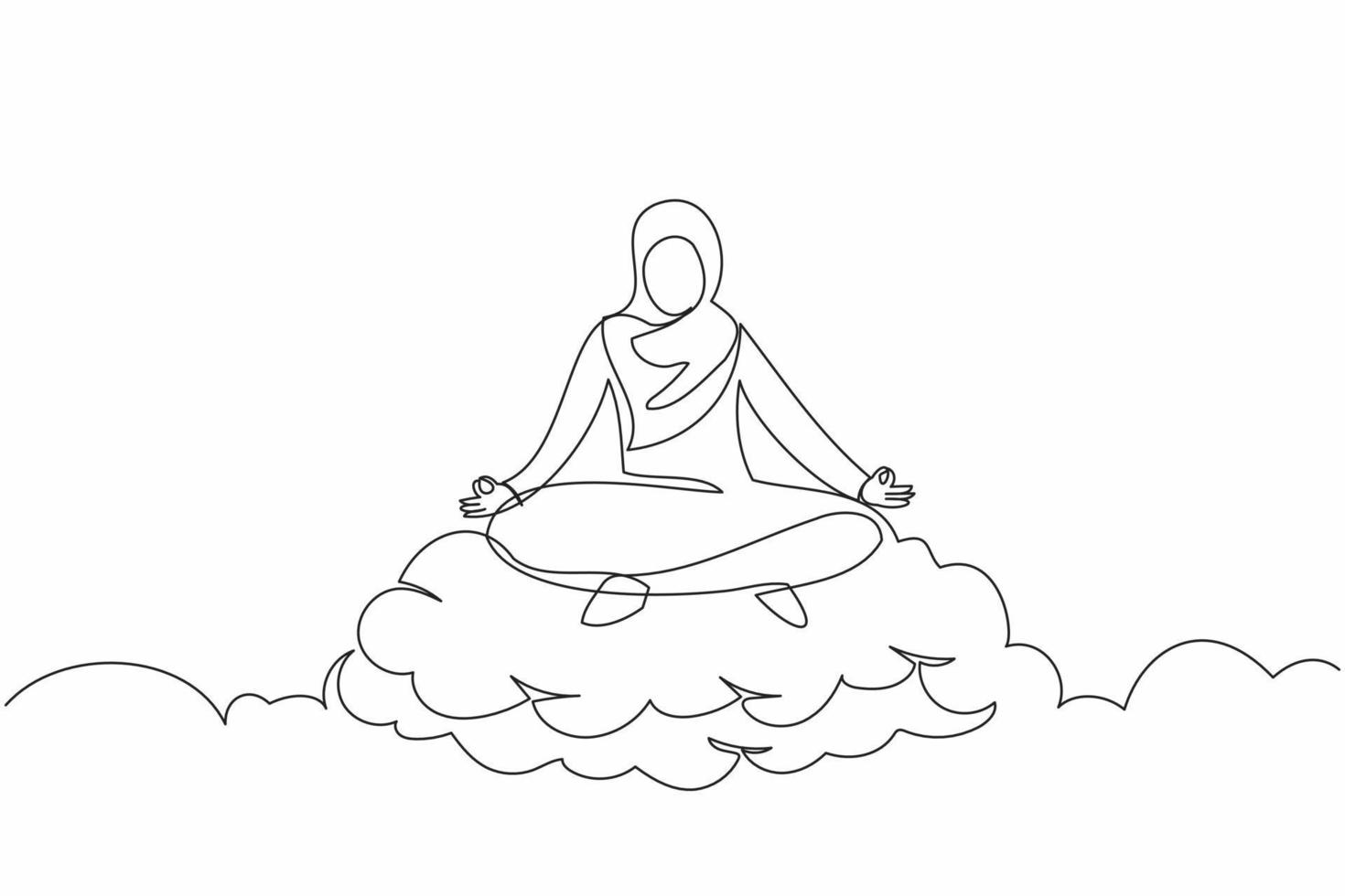 Single continuous line drawing relaxed Arab businesswoman meditates in lotus position on cloud. Restful Arabian female relaxing with yoga pose. Dynamic one line draw graphic design vector illustration