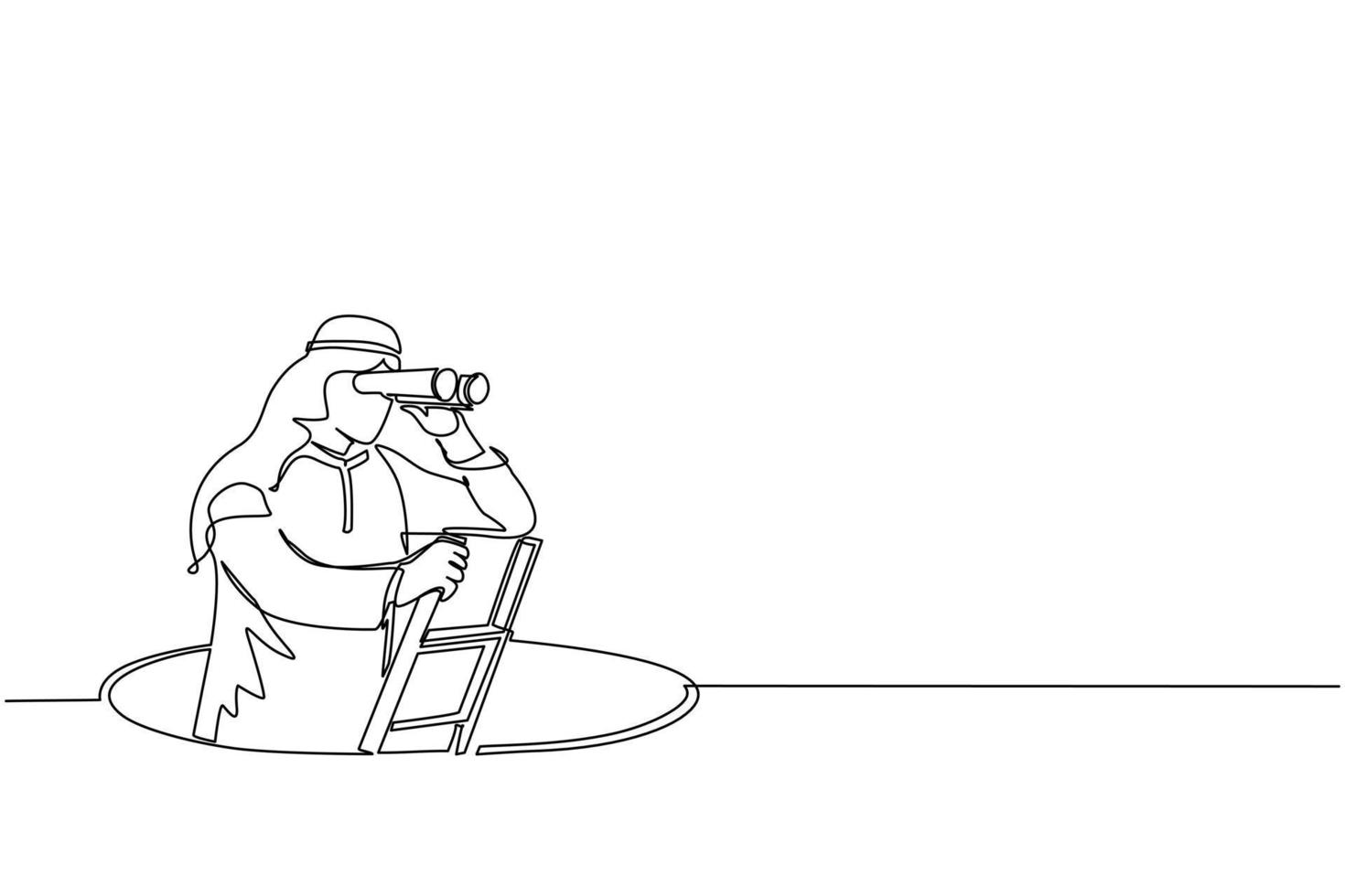 Single continuous line drawing Arabian businessman climbs out of the hole by ladder and using binocular. Business vision and solution concept. Symbol of challenge. One line draw graphic design vector