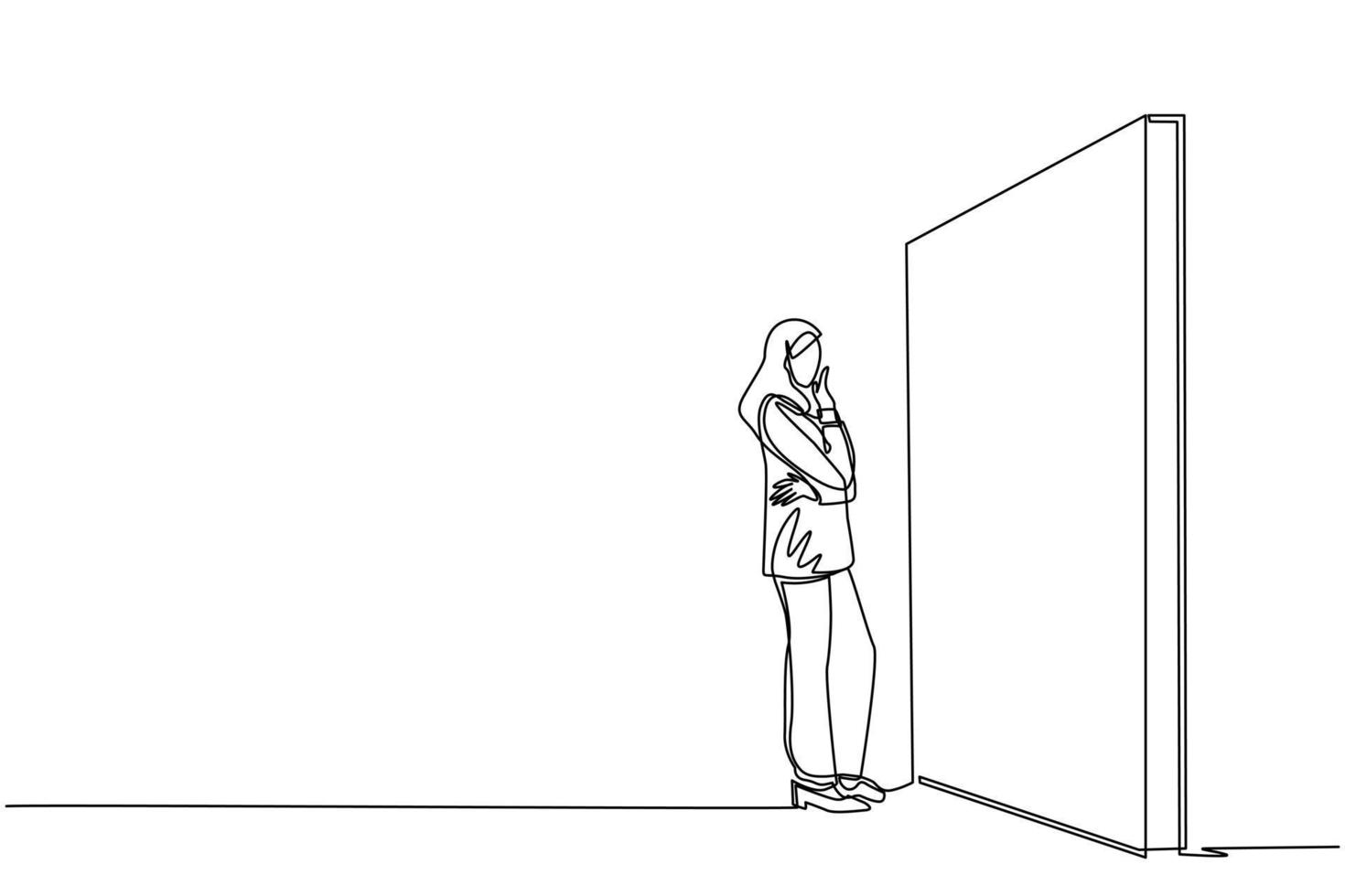 Single one line drawing Arabian businesswoman thinking in front of big obstacle or wall. Representing risk management. Finding solution and problem solving concept. Continuous line draw design vector