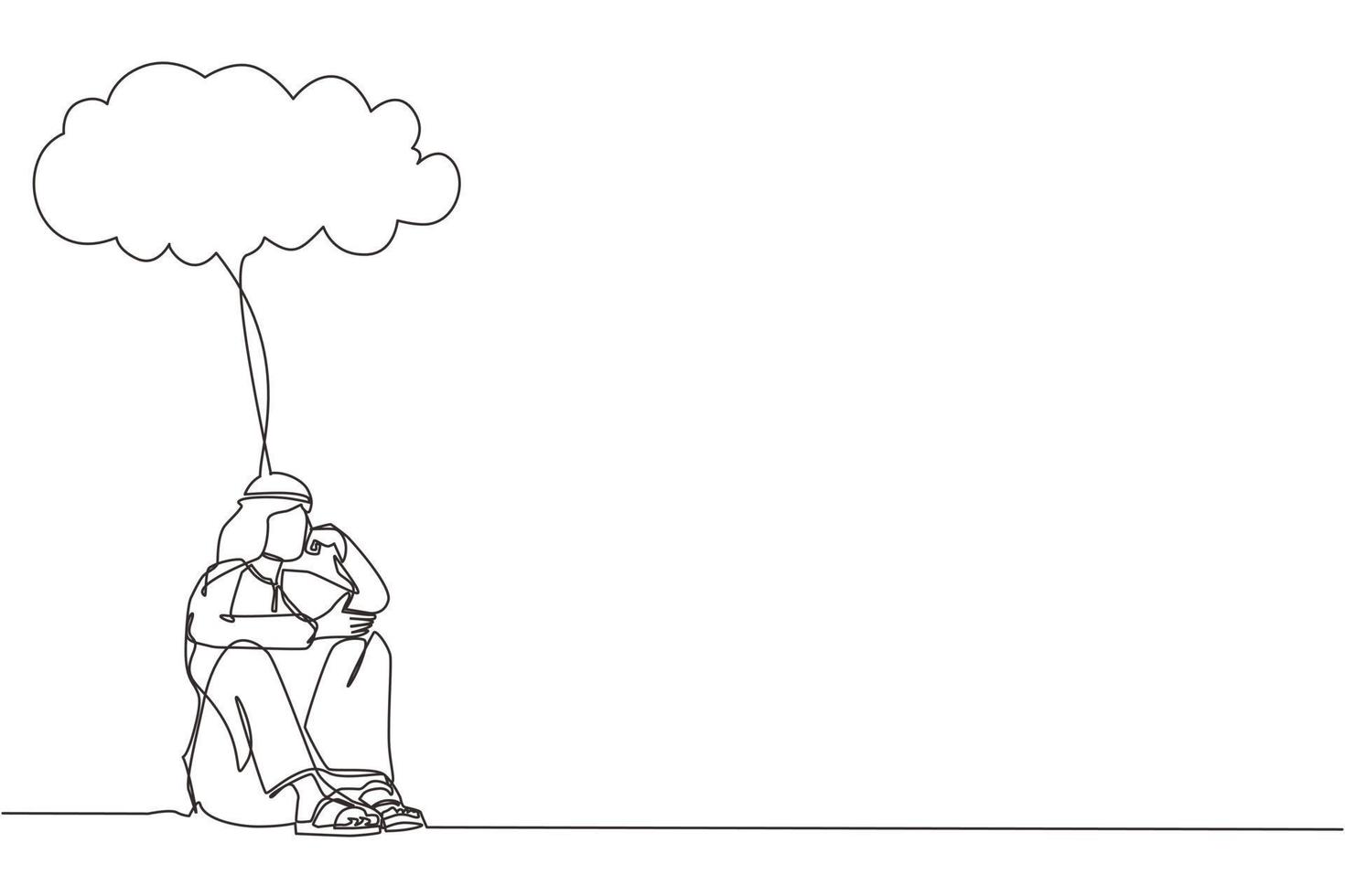 dibujo de una sola línea continua hombre de negocios árabe que se siente triste, depresión sentado bajo la lluvia y la nube. infeliz deprimido soledad triste trabajador estresado con problema. vector de diseño gráfico de una línea