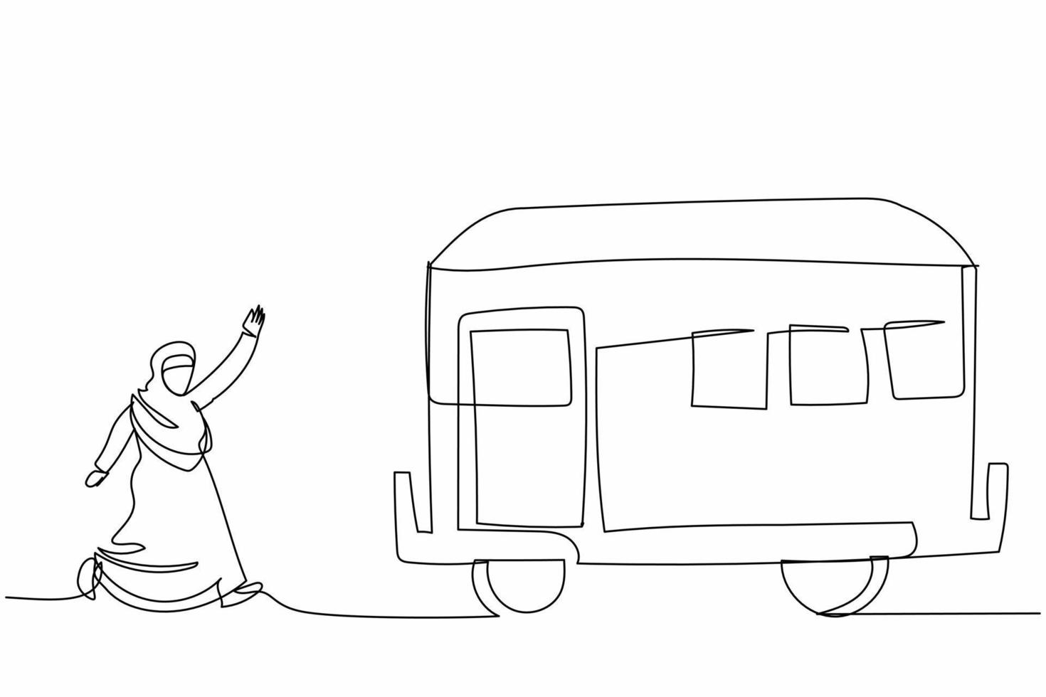 Single continuous line drawing Arab businesswoman run chase train. Manager late from work and deadline. Latecomer worker running along platform to reach train. One line draw design vector illustration
