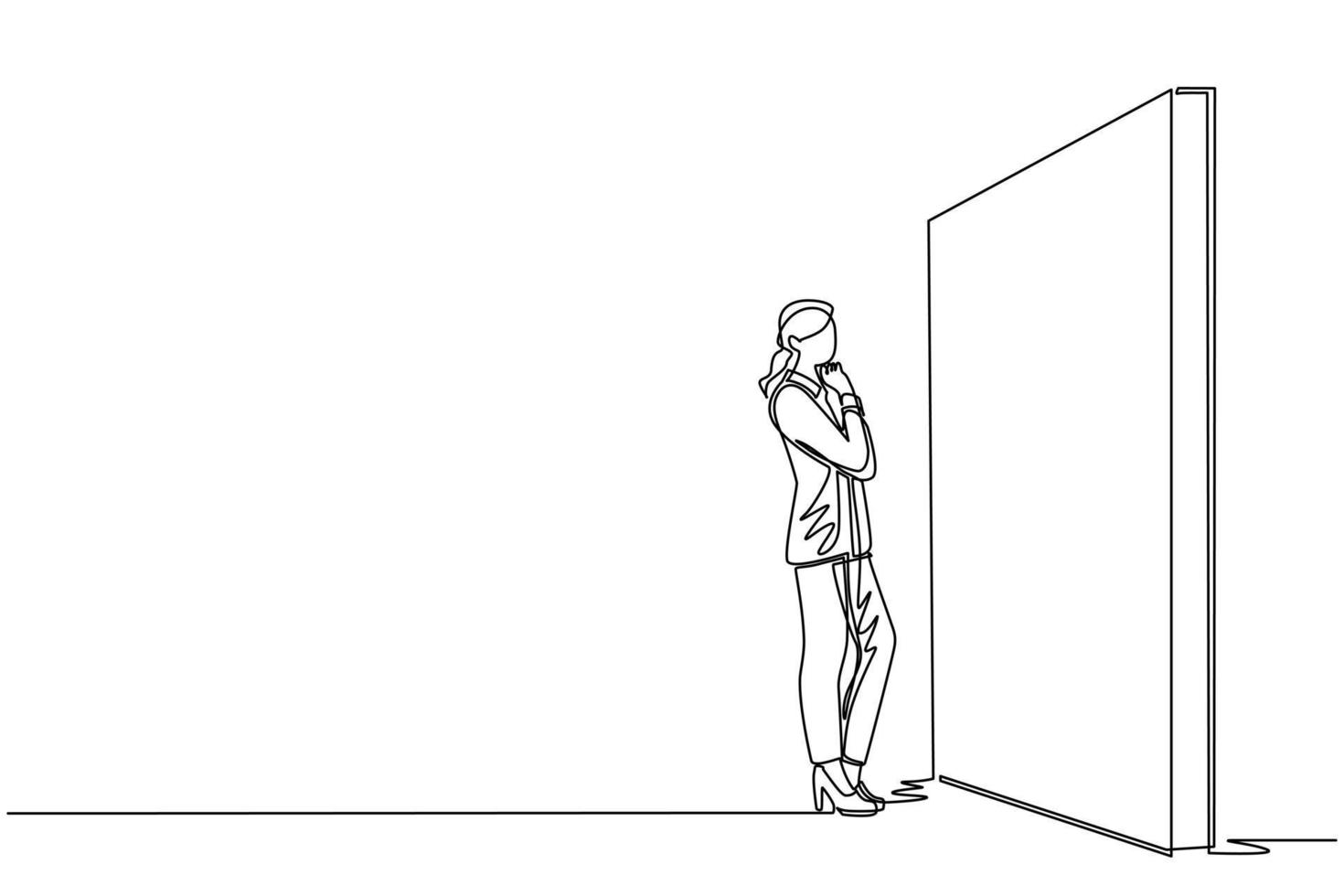 Single continuous line drawing businesswoman thinking in front of big obstacle or wall. Abstract representing risk management. Finding solution and problem solving concept. One line draw design vector