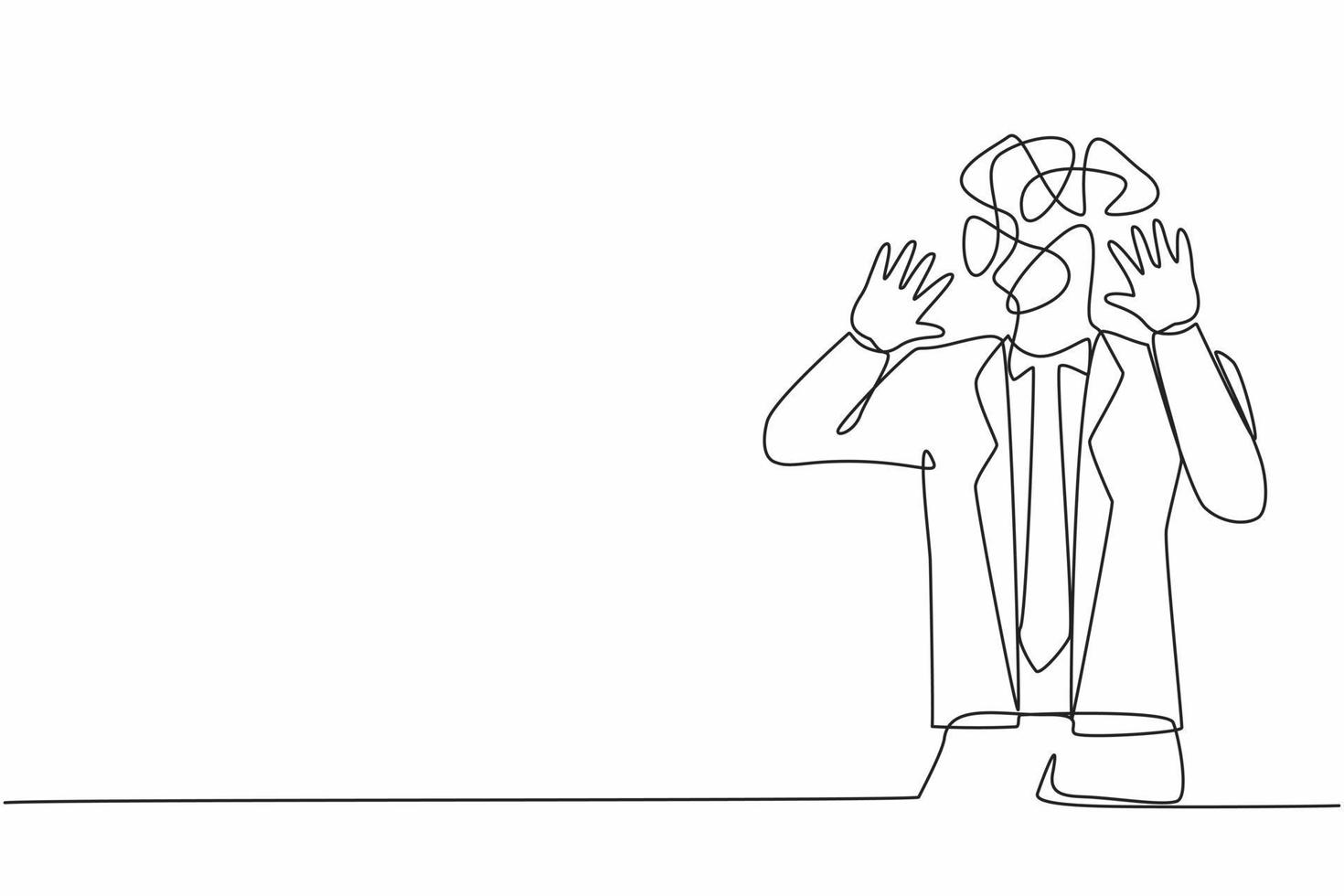 Continuous one line drawing businessman with round scribbles instead of a head. Man shocked, afraid, scared, terrified, fear expression. Stop gesture with palm hands. Single line graphic design vector