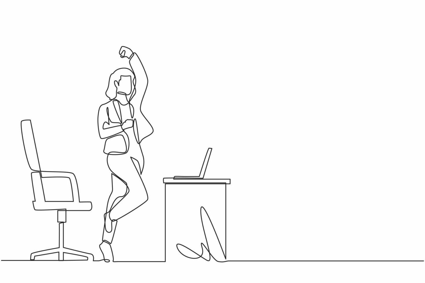 Single continuous line drawing happy businesswoman jumping and dancing on the her workplace. Female manager celebrating success of increasing company product sales. One line draw graphic design vector