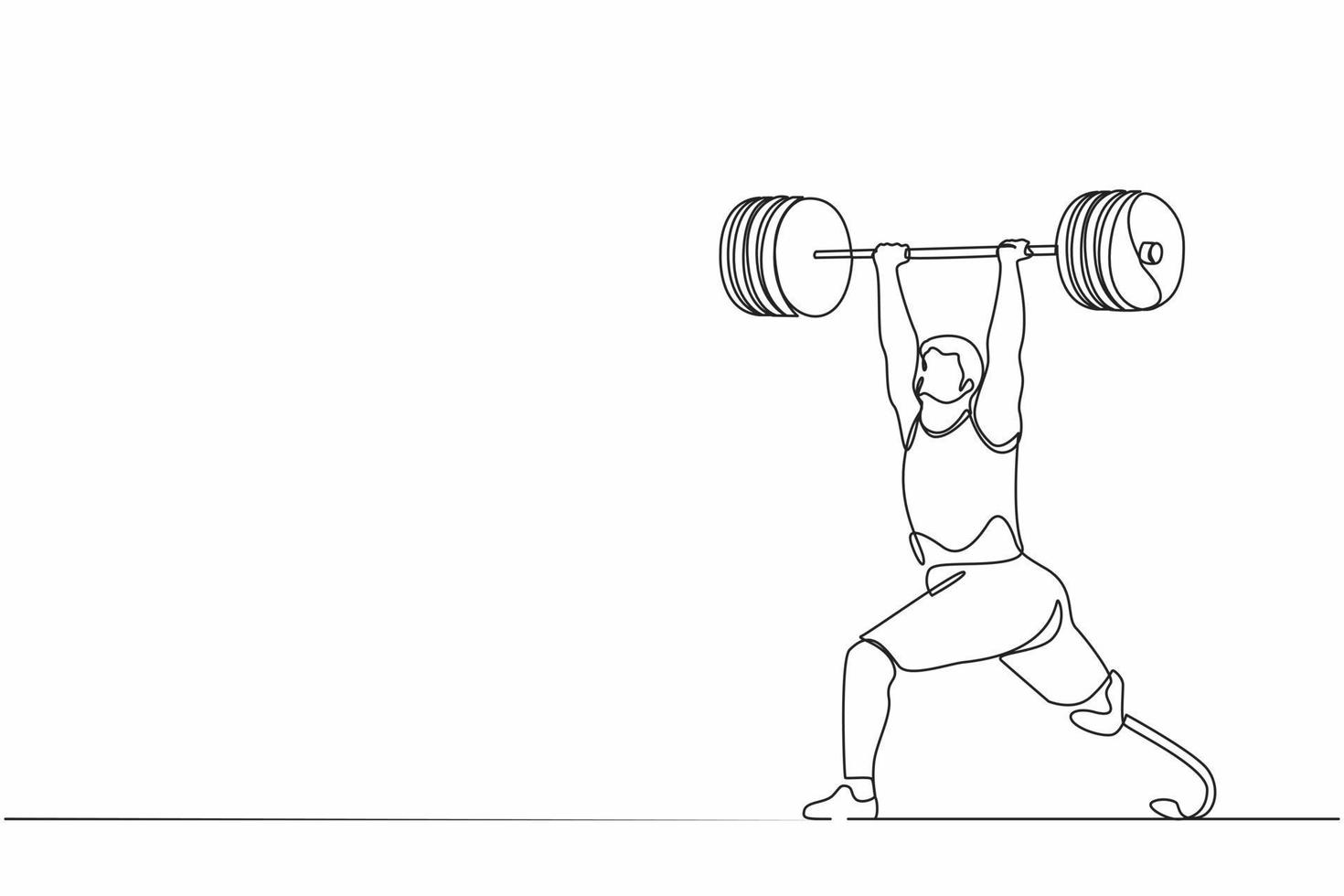 Discapacidad de dibujo de una línea continua levantador de pesas masculino levantando pesas. entrenamiento de deportista discapacitado en el gimnasio. ejercicio profesional de levantamiento de pesas. ilustración gráfica de vector de diseño de dibujo de una sola línea
