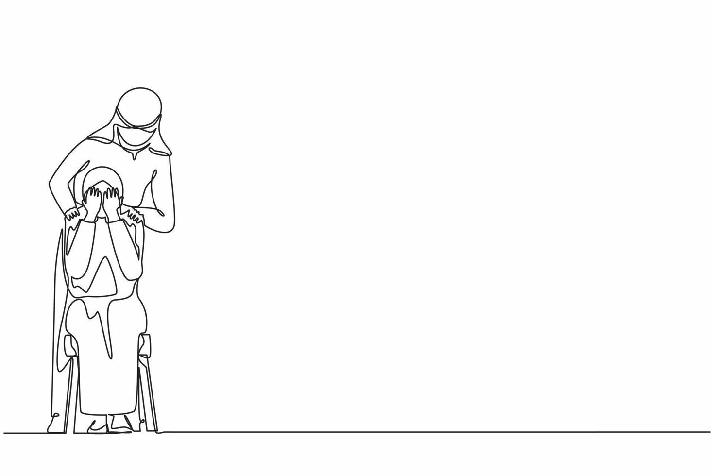 Single continuous line drawing Arab man comforting crying woman, touching her shoulders. Female suffering from anxiety, loneliness, trying to cope with depression or loss. One line draw design vector