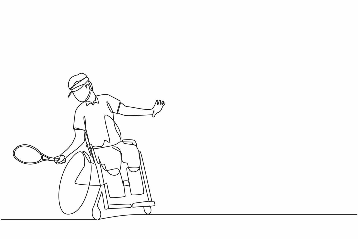 Continuous one line drawing sportsman with wheelchair playing tennis. Concept of society, community of persons with disabilities. Hobbies, interests. Single line design vector graphic illustration