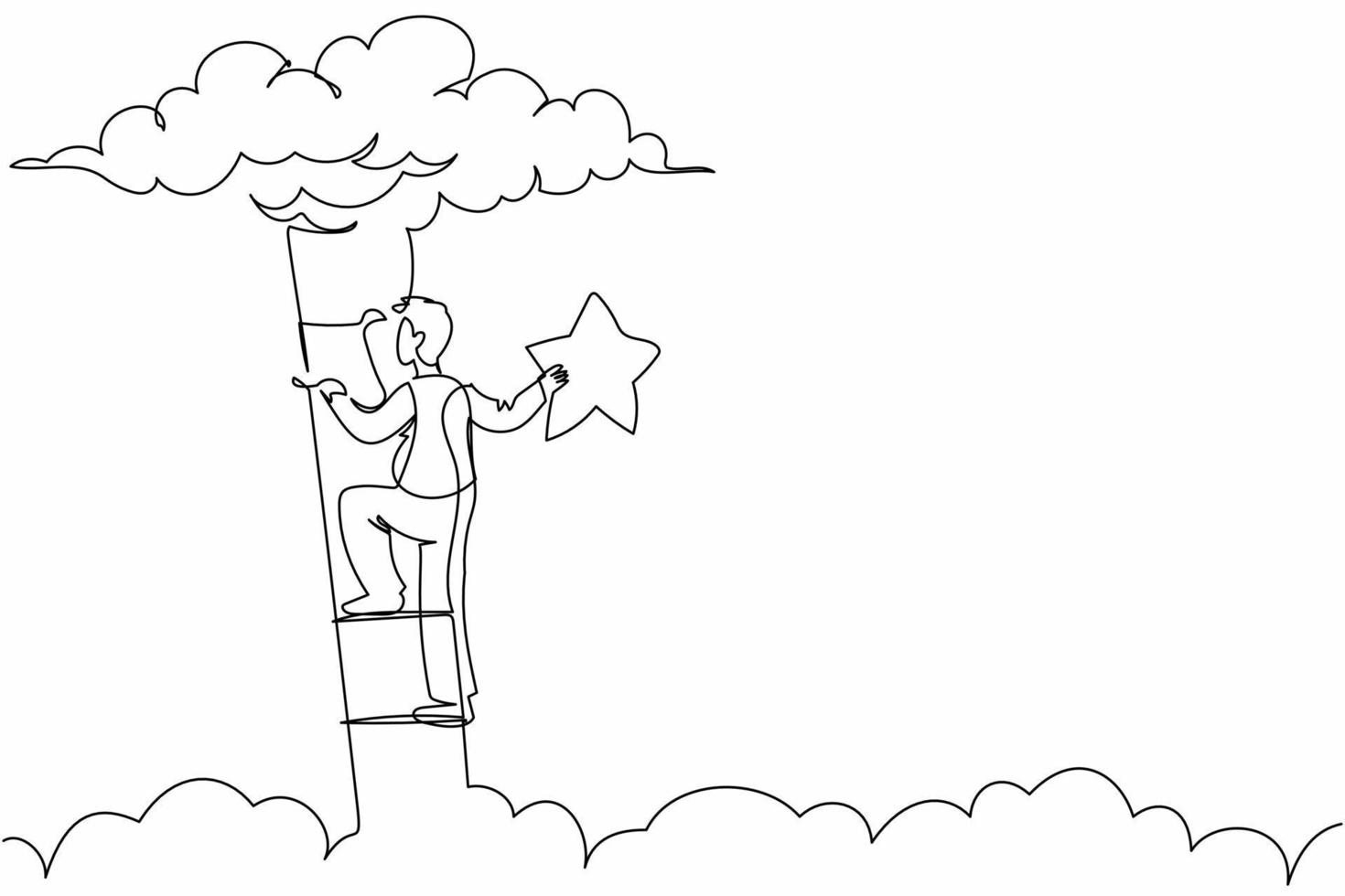 Single one line drawing active businessman climbing ladder or stairs and reaching star on sky. Goals and dreams. Business, career, achievement. Continuous line draw design graphic vector illustration