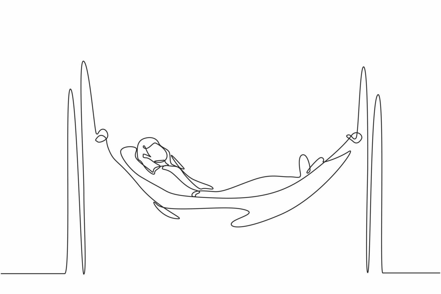 Single one line drawing young businesswoman is lying in hammock and dreaming about big money. Comfort and recreation. Achieve financial freedom. Continuous line draw design graphic vector illustration