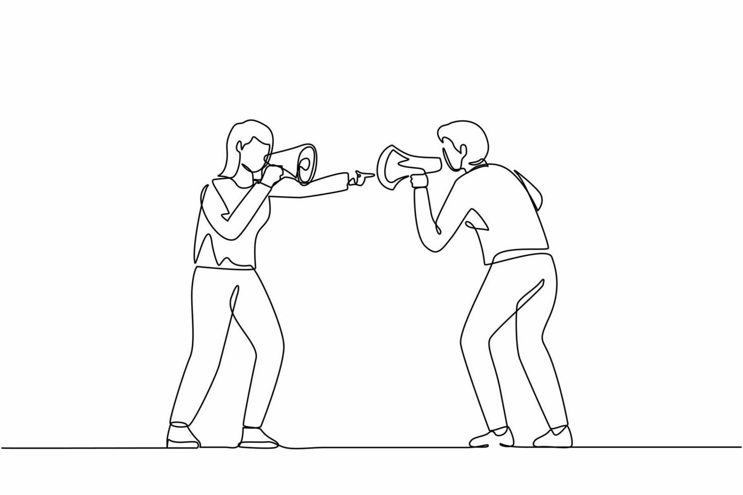 Single continuous line drawing man and woman hold loudspeakers scream at each other engaged in family fight. Stubborn angry husband and wife yell shout in megaphones. One line graphic design vector