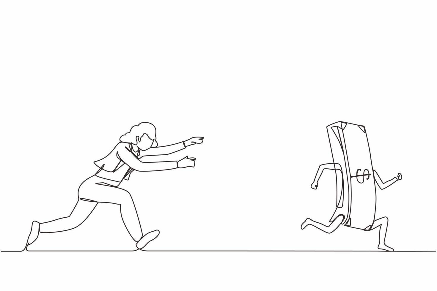 Continuous one line drawing active businesswoman or manager running and chasing after run away money. Concept of money obsession, impatient, greedy. Single line draw design vector graphic illustration