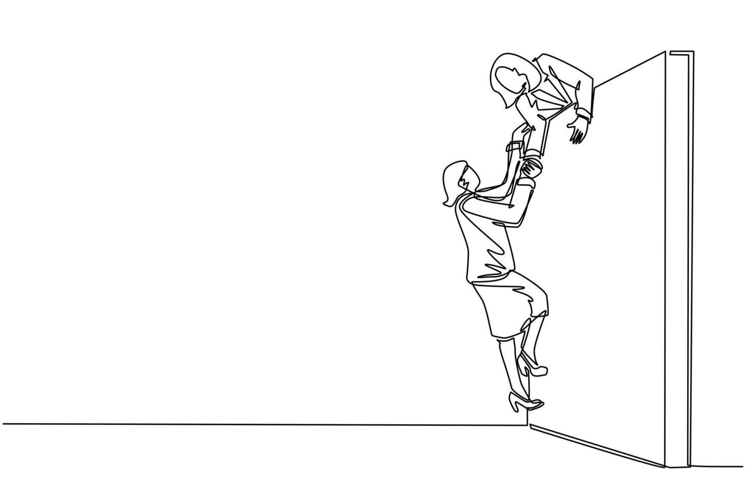 Single continuous line drawing businesswoman helping another businesswoman climb wall. Confident successful leading businesswoman helping another one to get over brick wall. One line design vector