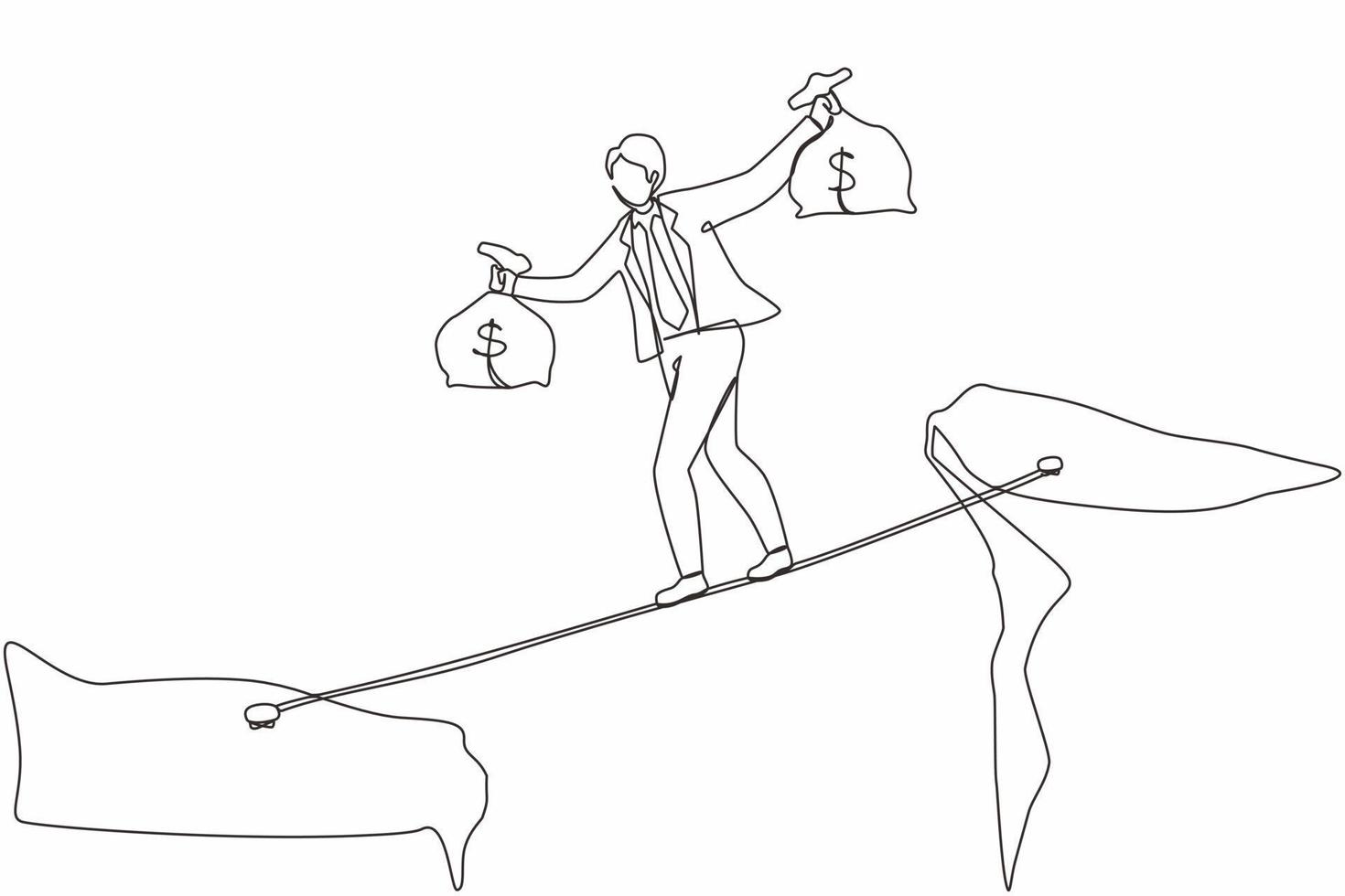 un solo hombre de negocios de dibujo de línea continua camina sobre la montaña de la brecha del acantilado lleva dos bolsas de dinero arriesgándose peligrosas. equilibrio masculino joven que camina en el puente de la cuerda. ilustración de vector de diseño gráfico de una línea