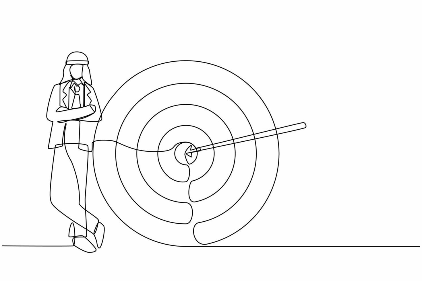 Single one line drawing Arabian businessman or manager is standing near target. Arrow hit target exactly. Making goals, successful business strategy. Modern continuous line draw design graphic vector