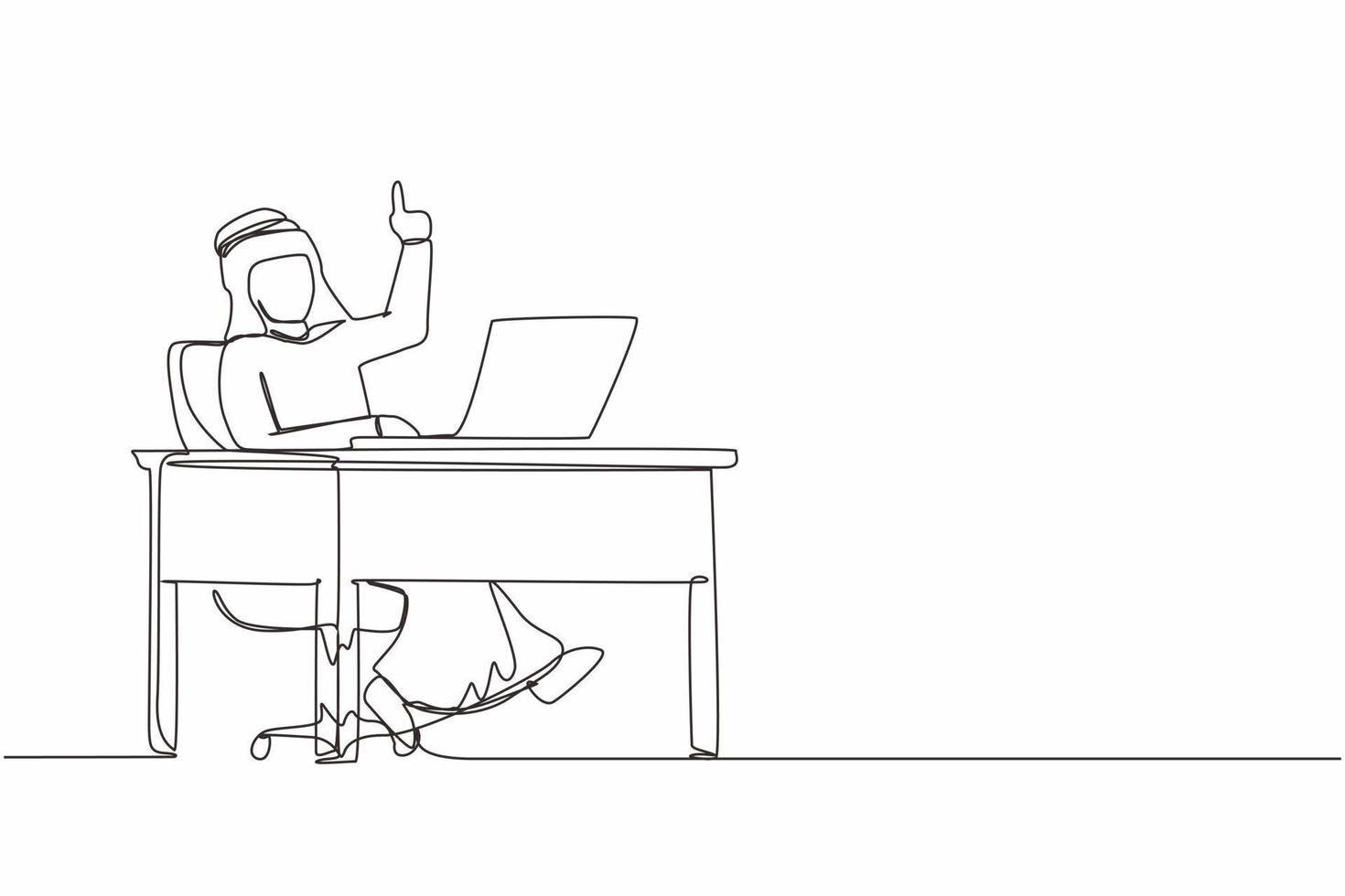 Single one line drawing Arabic businessman getting bright new idea while working with laptop on desk. Male manager working with computer at desk. People get idea. Continuous line design graphic vector