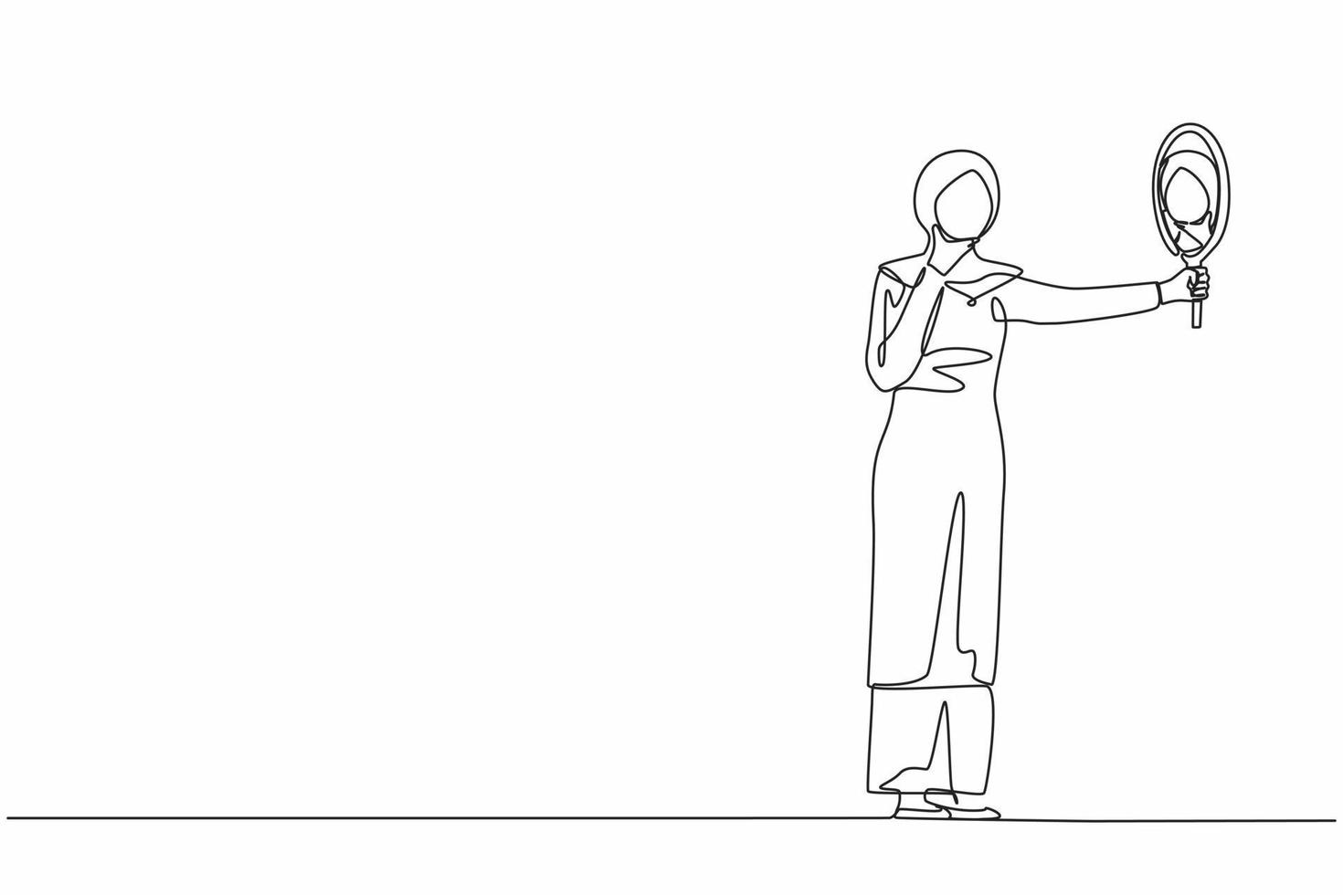 dibujo continuo de una línea mujer de negocios árabe sosteniendo un espejo de mano. gerente femenina con espejo de mano. mujer mirándose en el espejo. narcisismo, reflexión. ilustración de vector de diseño de línea única