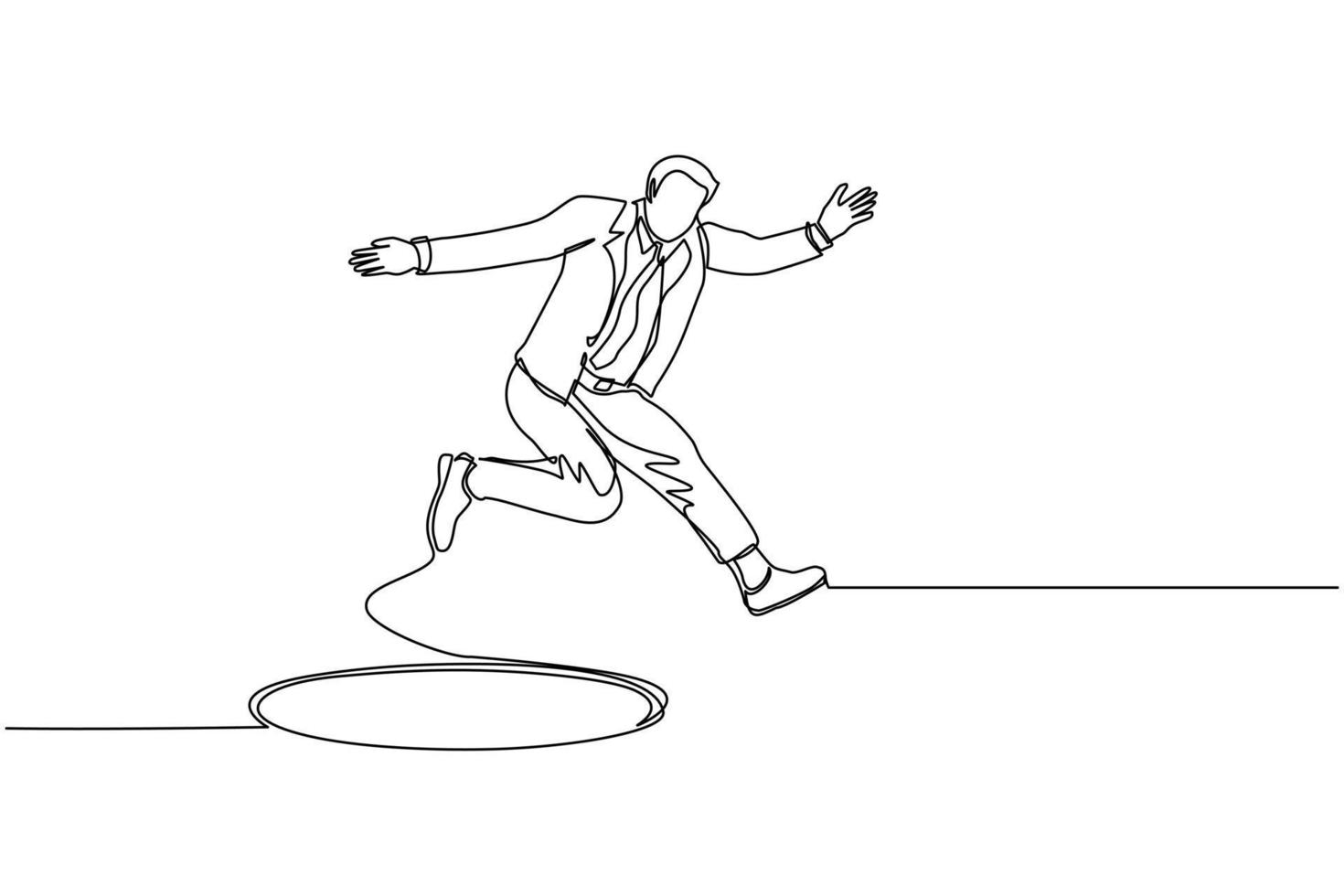 Single continuous line drawing businessman jumping through the hole, metaphor to facing big problem. Business struggles. Strength for success. Dynamic one line draw graphic design vector illustration