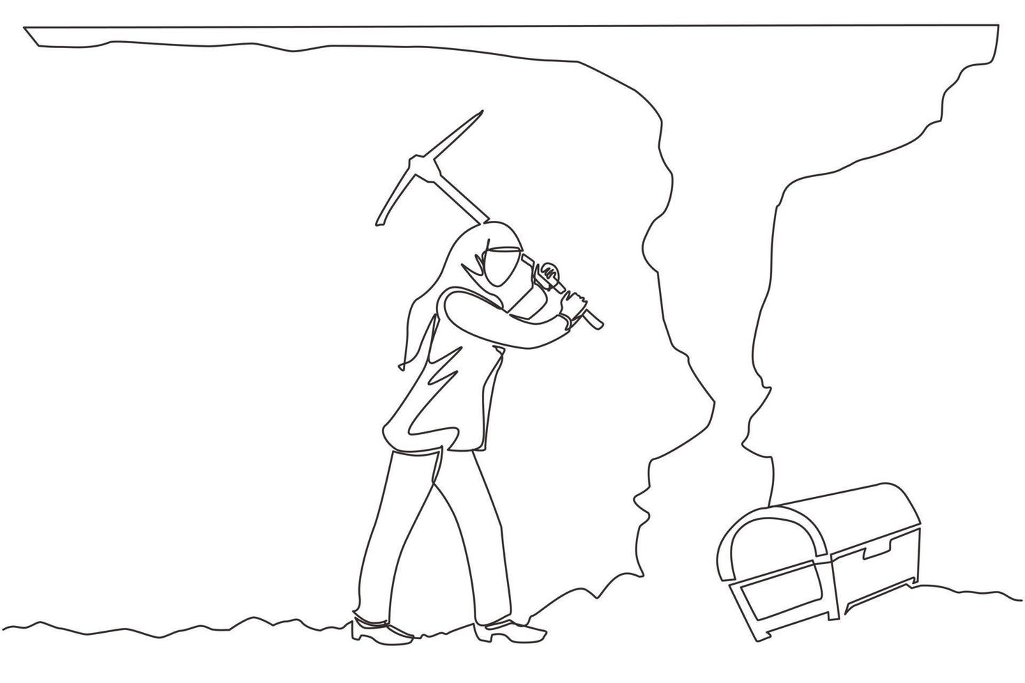 Continuous one line drawing Arabian businesswoman digging with pickaxe looking for hidden treasures. Woman digging and mining for treasure chest in underground tunnel. Single line draw design vector