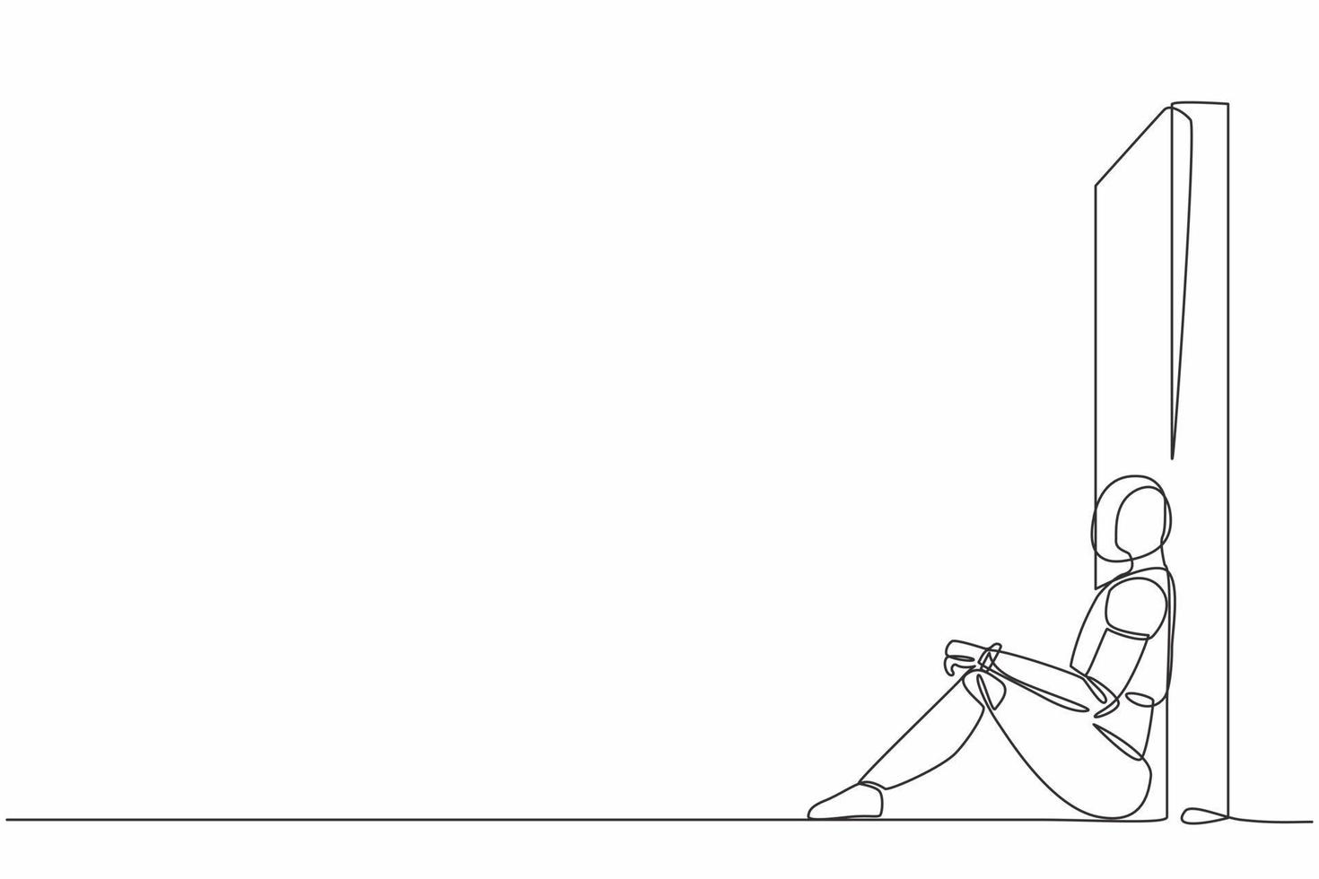 Single continuous line drawing robot sitting on floor and lean against wall. Failure, sad, lonely. Robotic artificial intelligence. Electronic technology. One line graphic design vector illustration