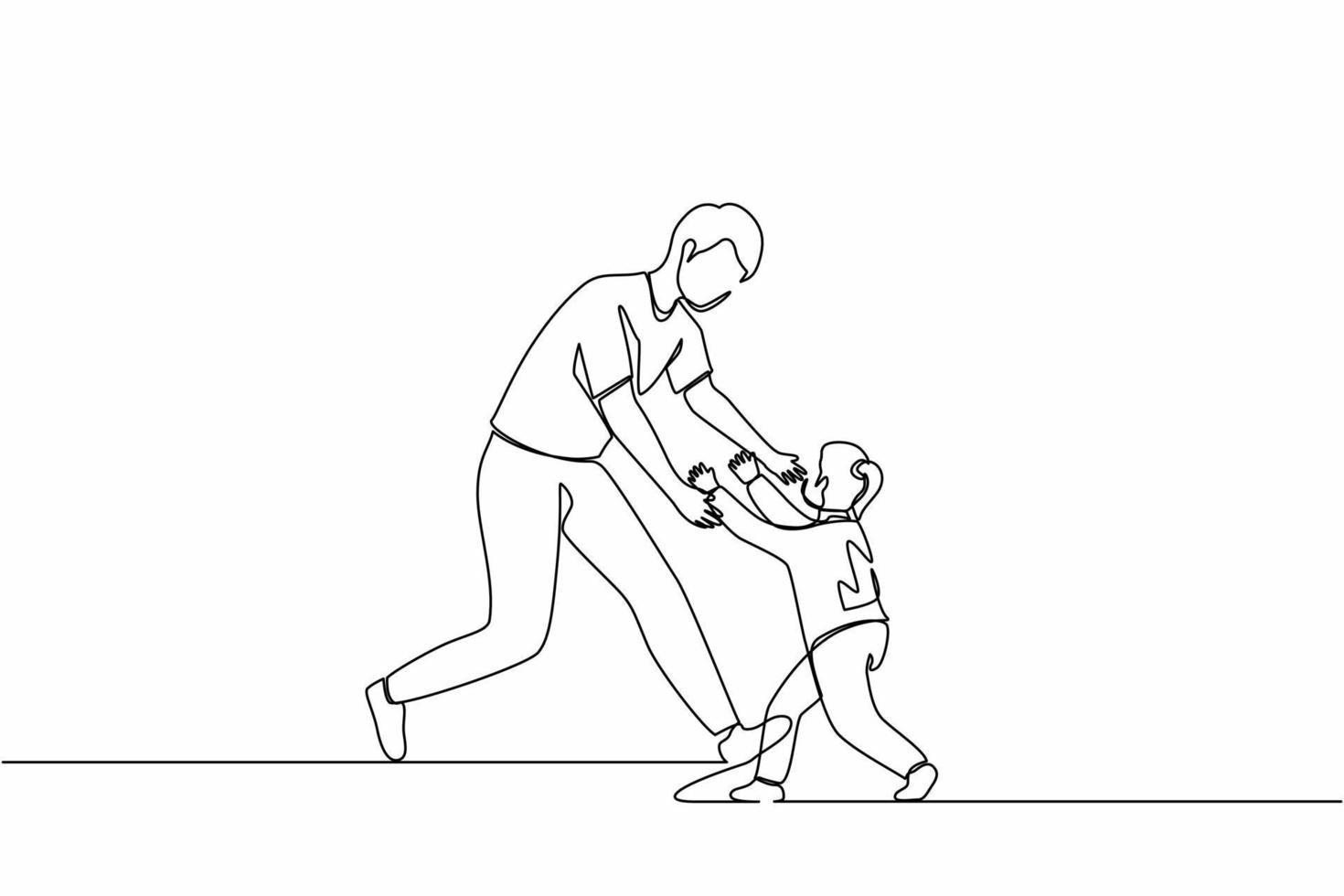 Single one line drawing joyful little daughter running to dad for family hug. Happy little girl meeting man with love. Family, Fathers day, childhood concept. Continuous line design graphic vector