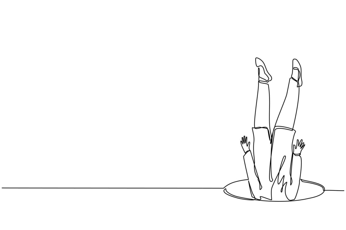 Single one line drawing Arabic businesswoman falling into pit hole. Legs up. Logo protruding legs from the hatch, puddles. Metaphor. Failure. Defeat. Continuous line design graphic vector illustration