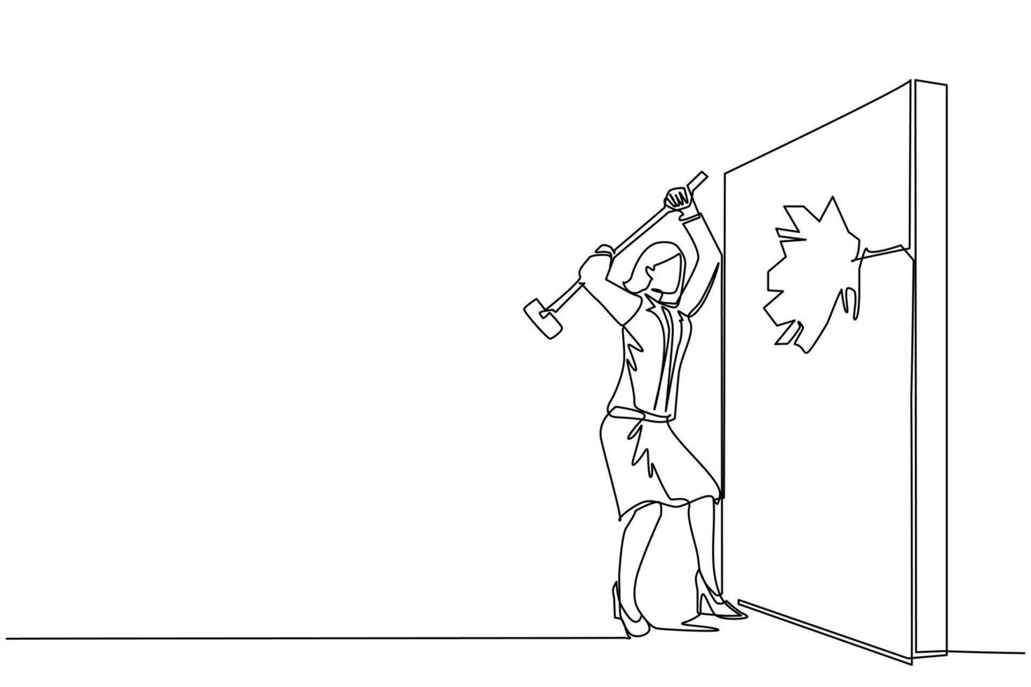 Single continuous line drawing businesswoman breaks and hitting wall with hammer. Achievement way for success. Breakthrough to goal. Leadership in business. Strong people. One line draw design vector