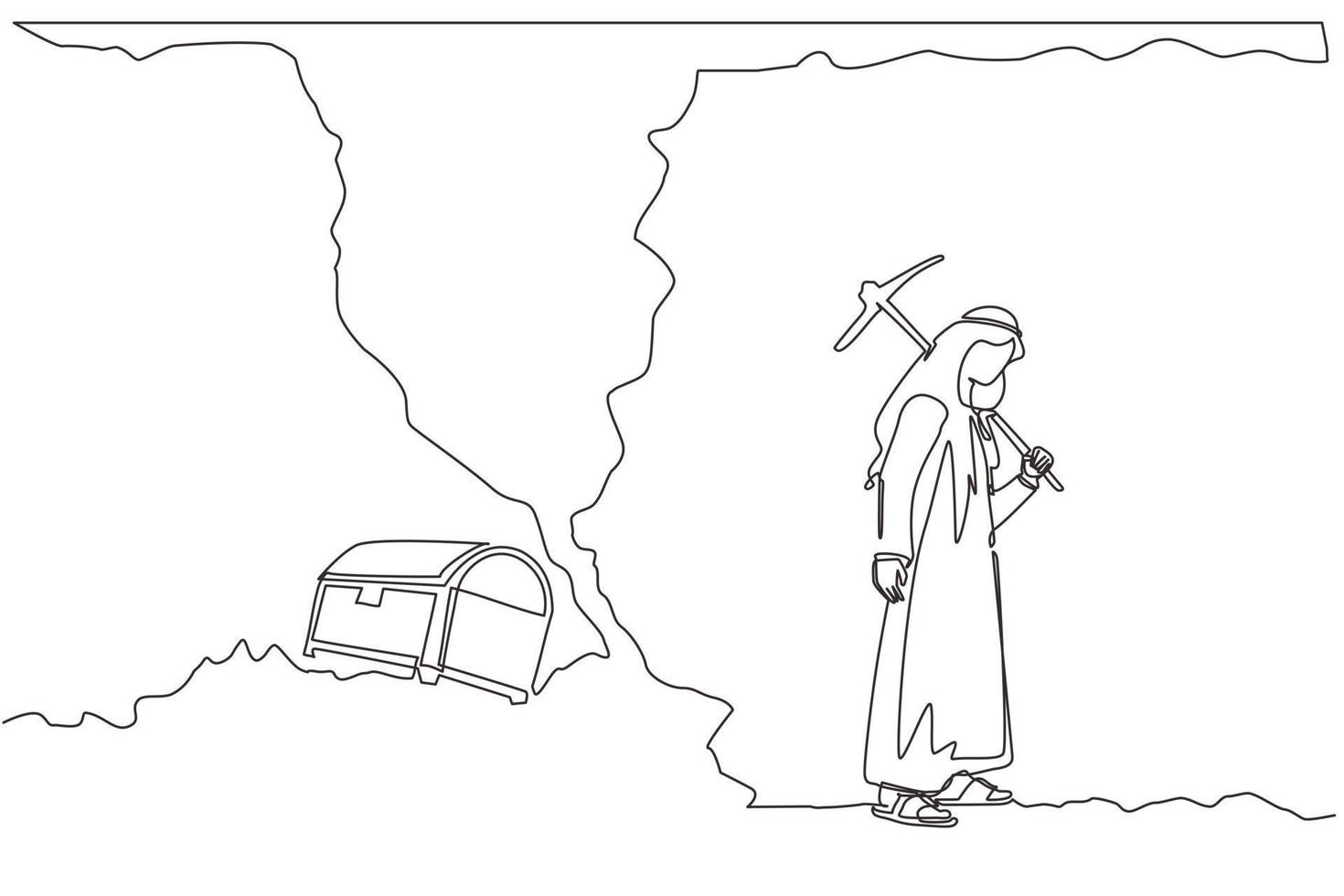 Continuous one line drawing Arab businessman give up before reach money and treasure. Worker gives up digging not knowing treasure chest is almost revealed. Single line draw design vector illustration