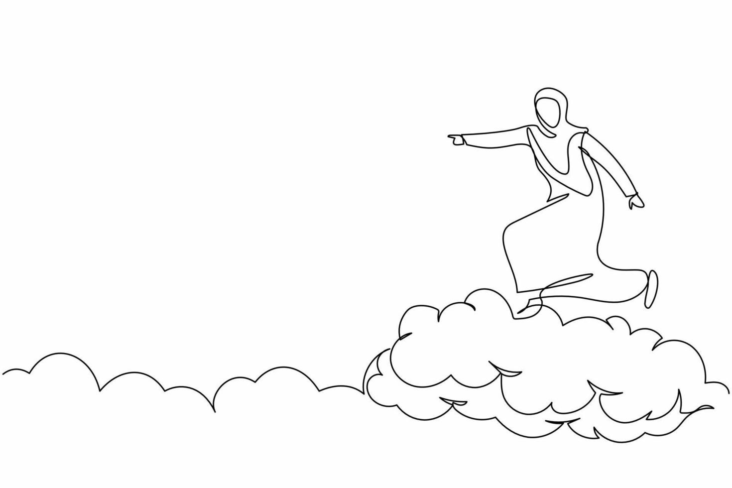 Single continuous line drawing successful Arab businesswoman on cloud and pointing forward. Arabian female manager go to future, way to success path. One line draw graphic design vector illustration