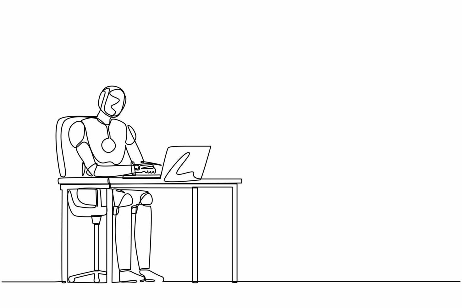 Continuous one line drawing robot working, typing and sending messages at desk. Humanoid robot cybernetic organism. Future robotics development. Single line draw design vector graphic illustration