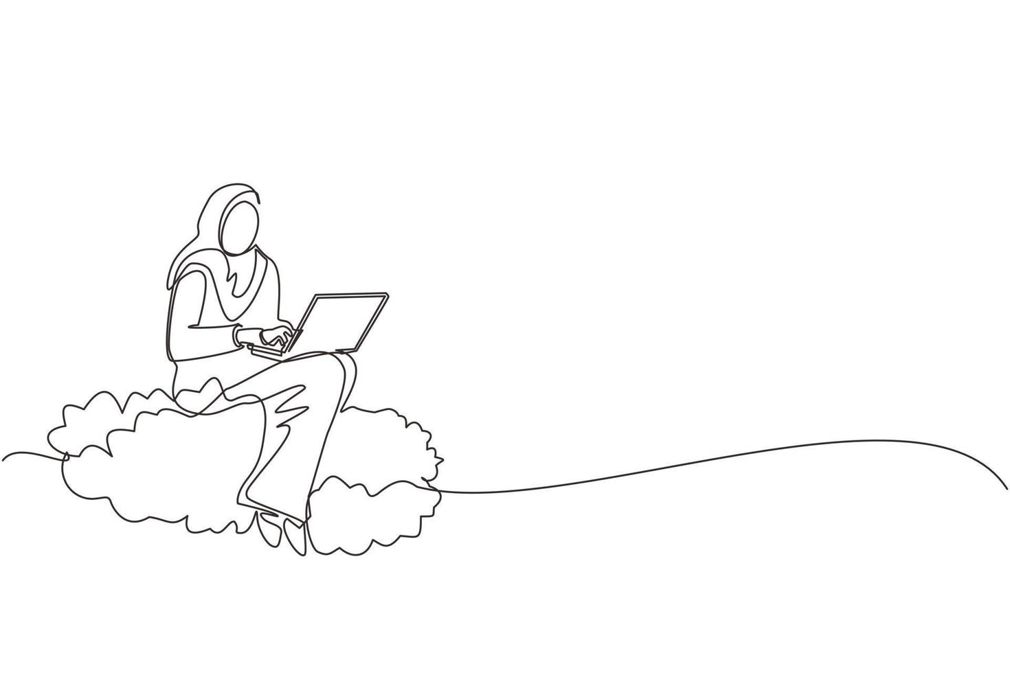 Single one line drawing Arab businesswoman sitting on cloud in sky and working with laptop. Wireless connection. Social networking, chatting using cloud storage. Continuous line design graphic vector