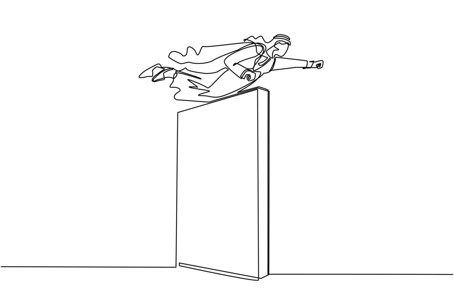 Single one line drawing super Arab businessman flying over the wall. Employee superhero flying through wall. Business concept power, success, overcome difficulties. Continuous line draw design vector