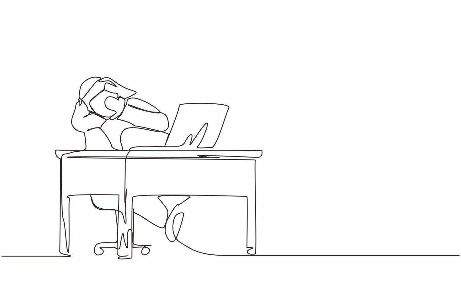 Continuous one line drawing scared Arab man manager looking at laptop computer screen. Shocked male watching video on his notebook computer at home. Single line draw design vector graphic illustration