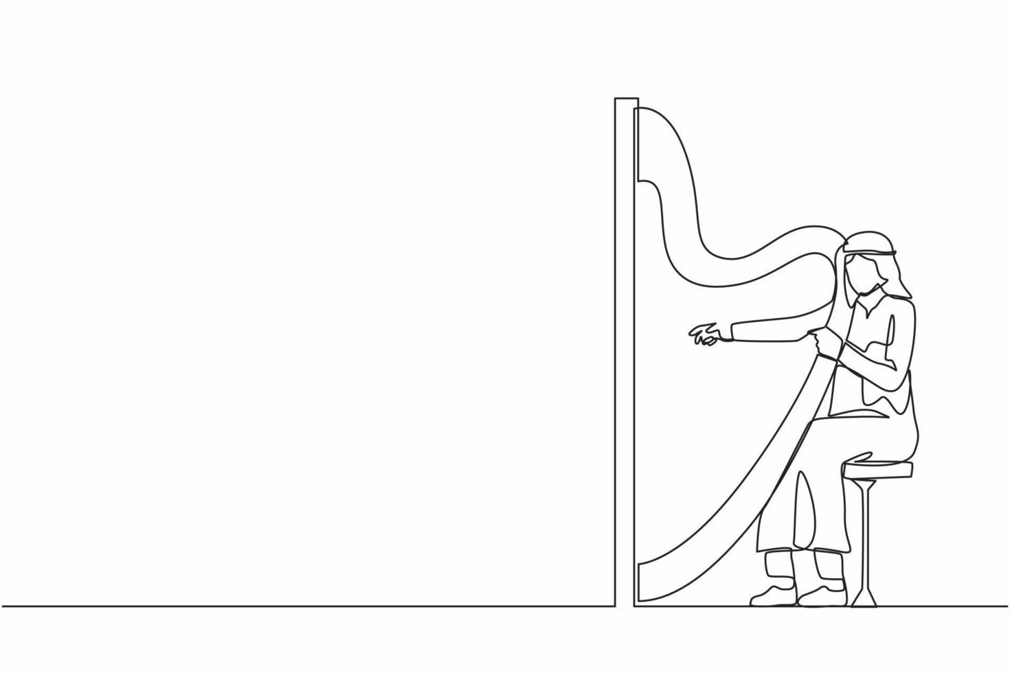 Single one line drawing Arab man musician playing harp. Classical music performer character with musical instrument. Male sitting and playing harp. Continuous line design graphic vector illustration