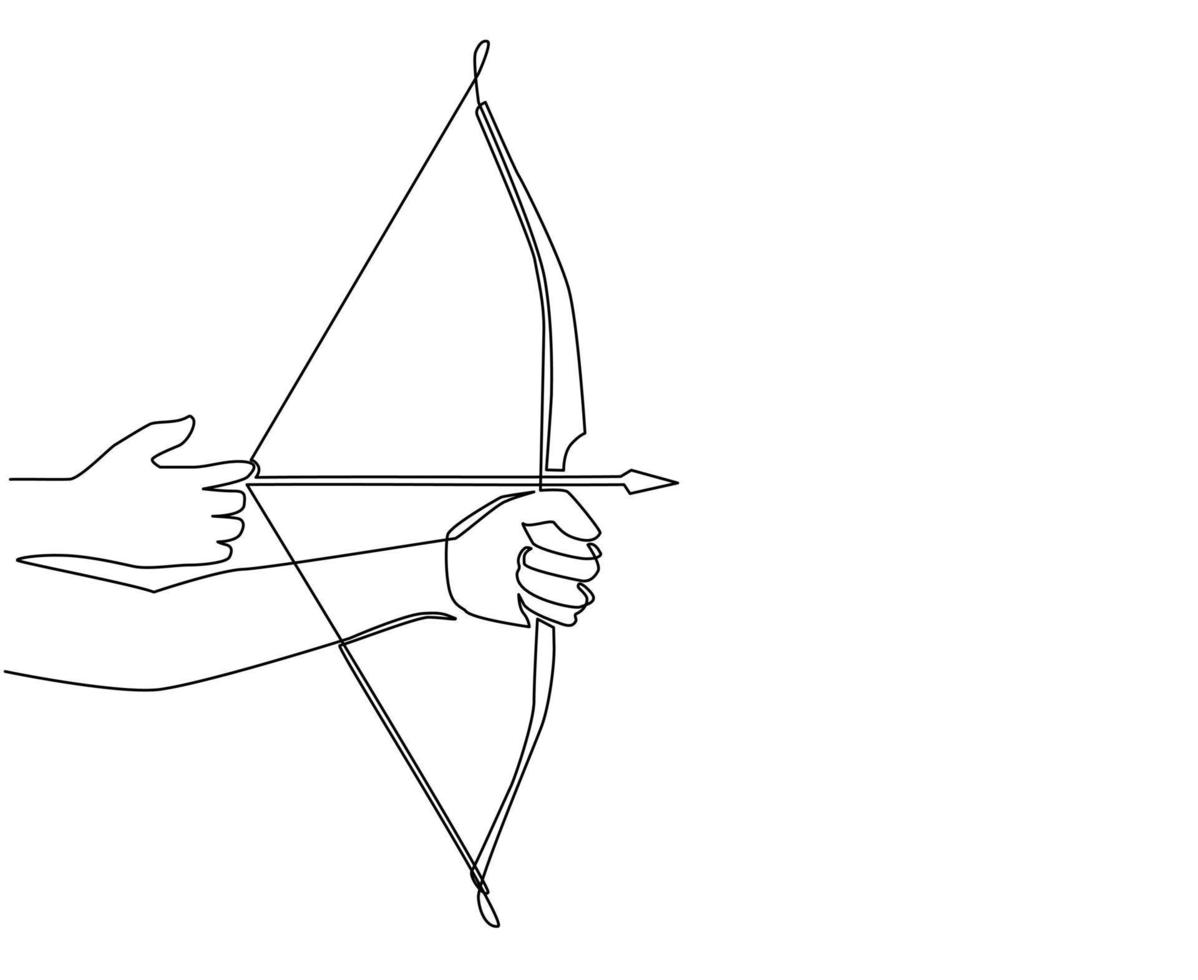 Continuous one line drawing hand holding bow arrow aiming ready to shooting target. Traditional wooden bow archery sport. Archery equipment with arrow isolated. Single line draw design vector graphic