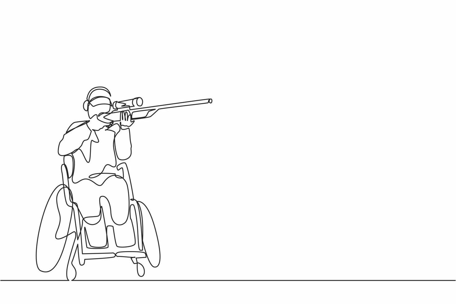 Single continuous line drawing  male athlete on wheelchair shooting sport competition with shotgun. Hobbies and interests of people with disabilities. One line draw design vector illustration