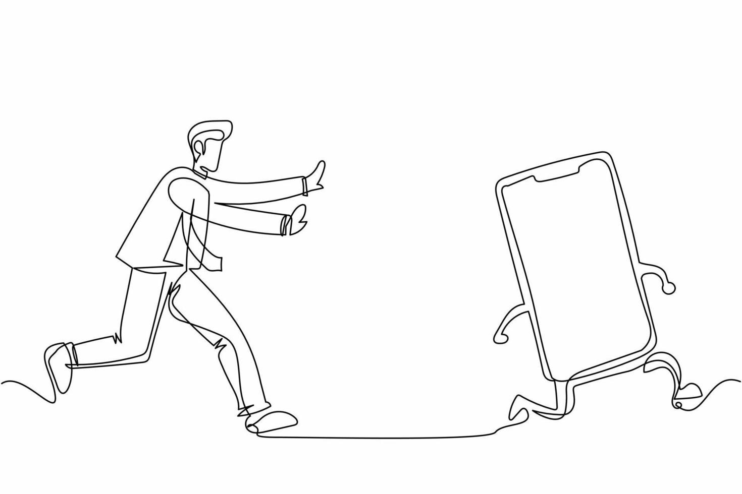 Continuous one line drawing businessman run chasing try to catch smartphone. Concept of talking, communication, technology, speaking. Business metaphor. Single line design vector graphic illustration