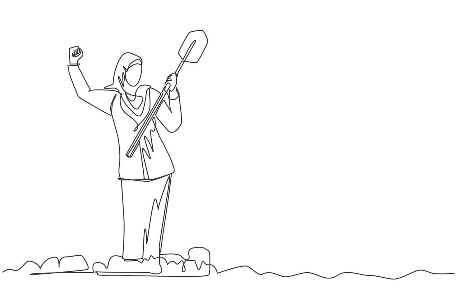 Single one line drawing Arabic businesswoman standing and holding shovel on dug ground. Woman with excited expression find treasures in dirt. Successful business. Continuous line design graphic vector