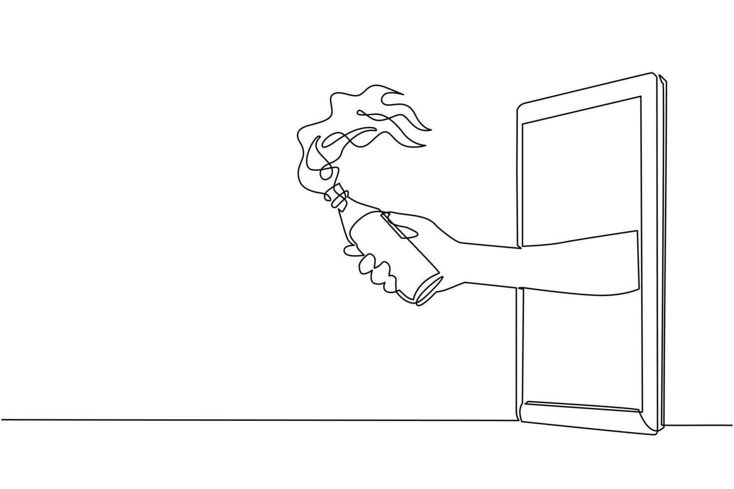 Single one line drawing hand holding molotov cocktail through mobile phone. Concept of battle video games, e-sport, entertainment application for smartphone. Continuous line draw design graphic vector