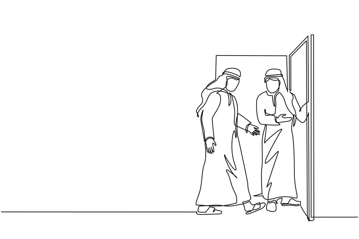 Single continuous line drawing Arab businessman at door welcomes his friend in. Man is inviting his friend to get into his house. Hospitality concept. One line draw graphic design vector illustration
