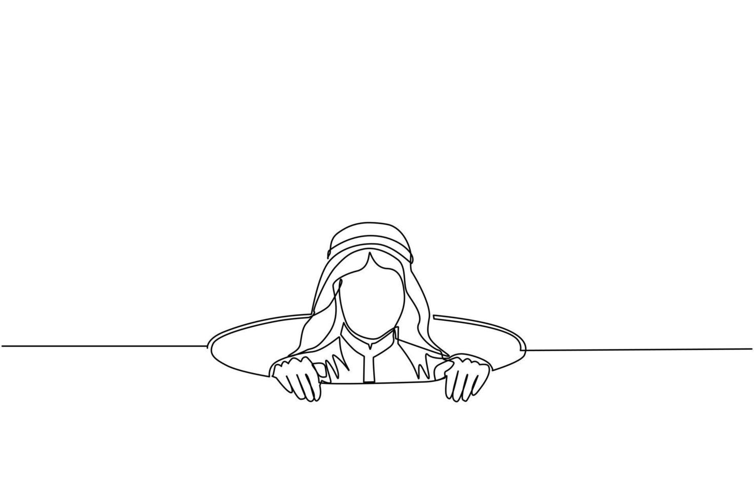 Single one line drawing Arabic businessman emerges from hole. Concept of failure to take advantage of business opportunities. Depressed and business failure. Continuous line draw design graphic vector