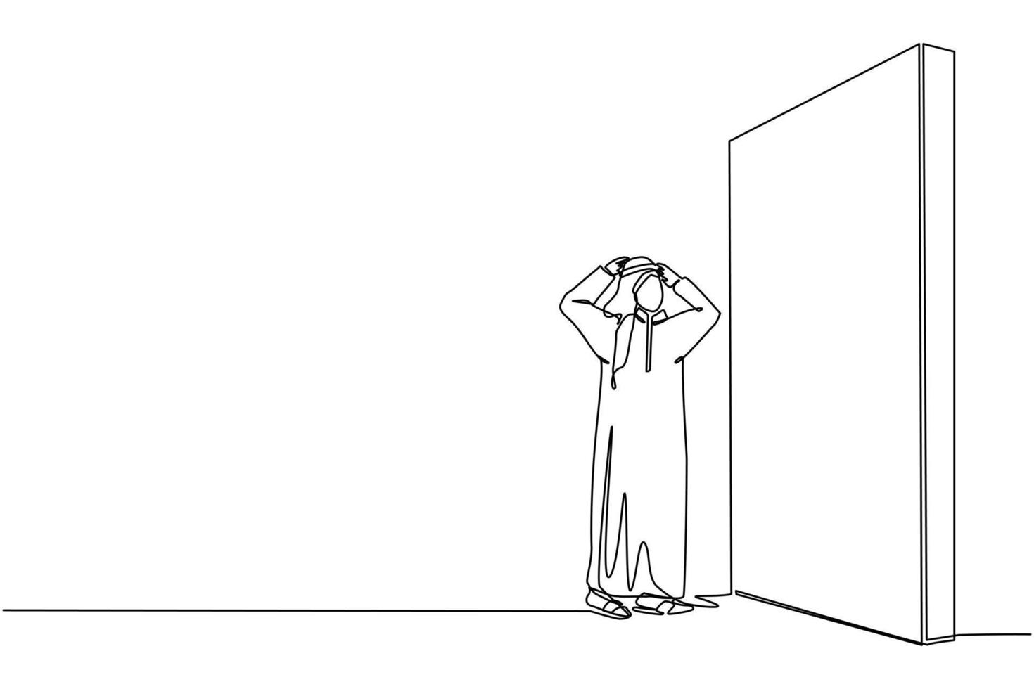 Single one line drawing Arabian businessman standing and confused in front of huge brick wall barriers. Scene for wrong business decision, mistake, deadlock. Continuous line draw design graphic vector