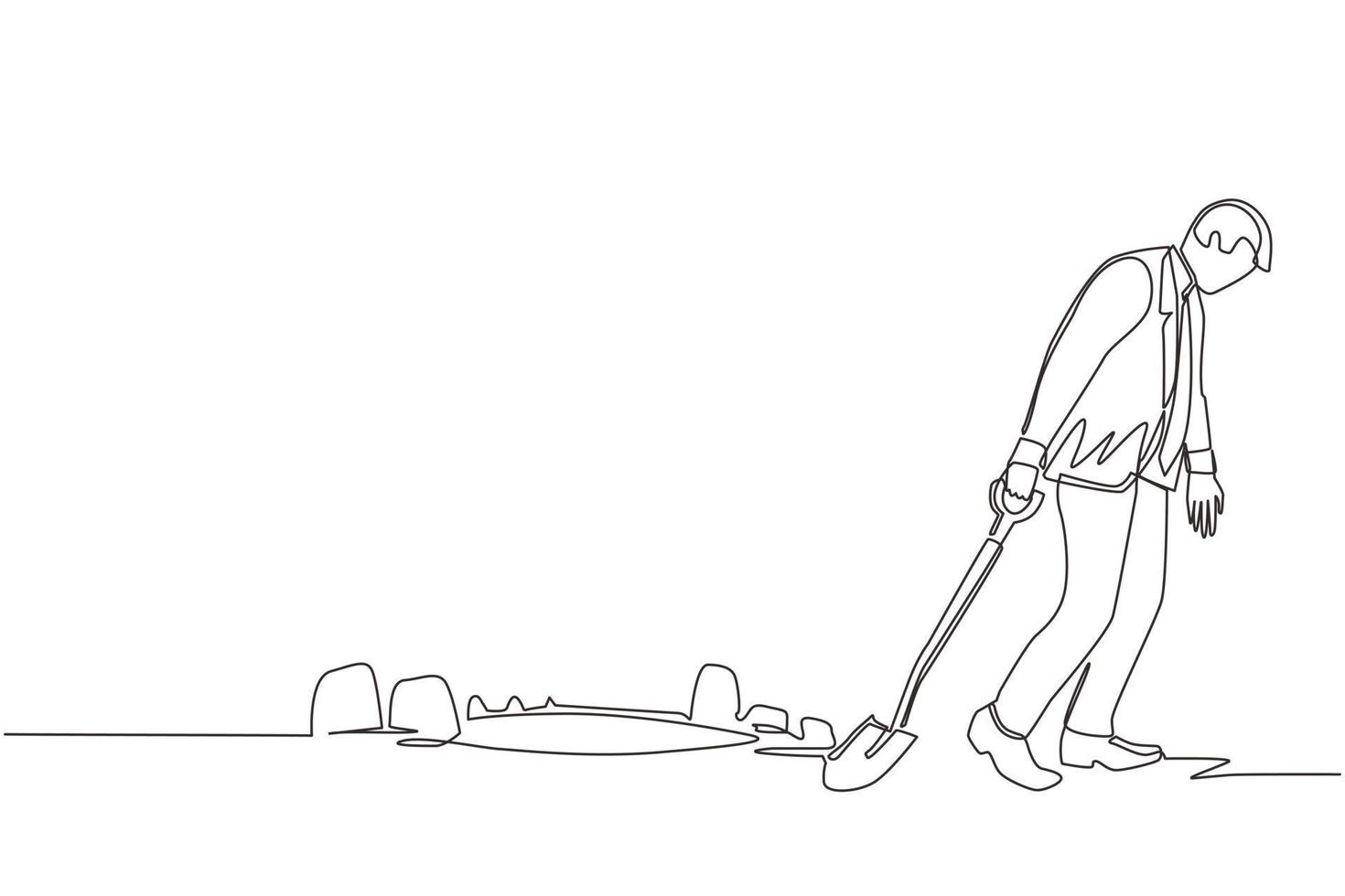 Single continuous line drawing businessman walking unsteadily leaving hole dug dragging shovel. Man digs in tunnel trying to get to goal. He gave up and stopped trying. One line graphic design vector