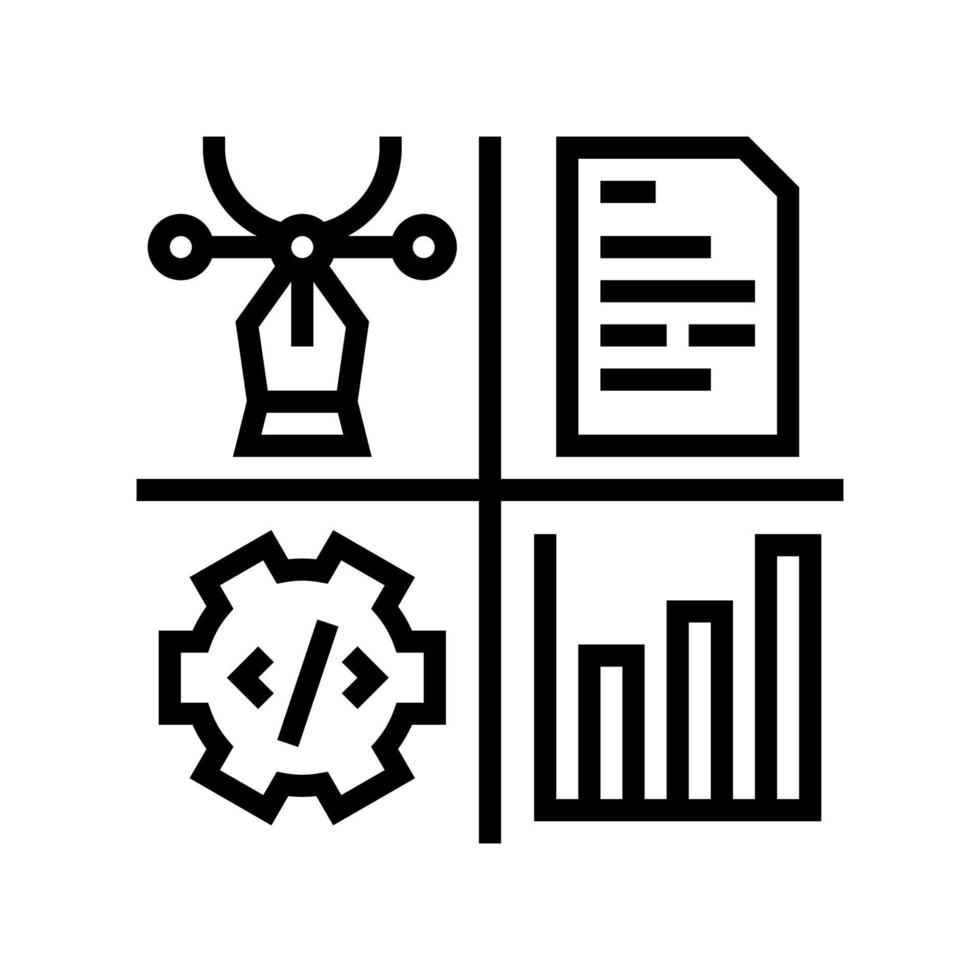design, programming, content manager and analytics job line icon vector illustration